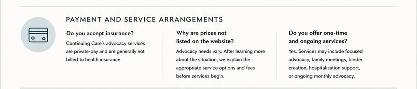 Questions about private-pay advocacy services, fees and ongoing support