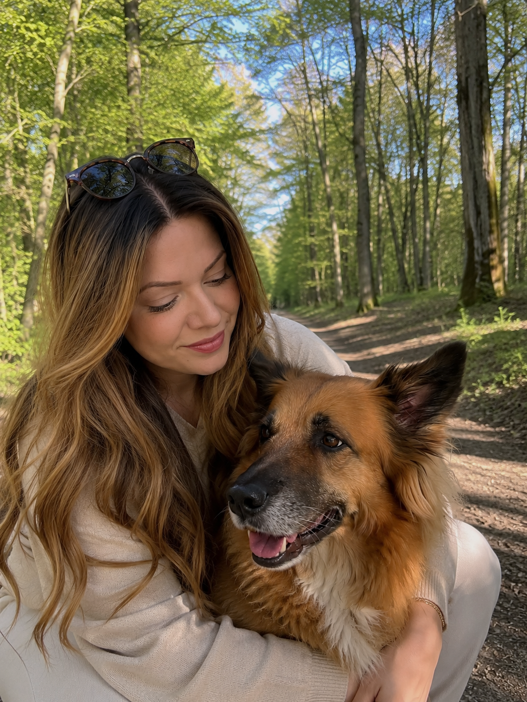 Ann-Kathrin Pempelfort, systemische Coachin, gemeinsam mit ihrem Hund Mika in natürlicher Umgebung.
