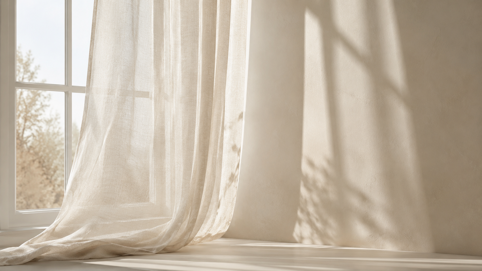 Heller Innenraum: Sonnenlicht fällt durch zarte, transparente weiße Vorhänge vor einem Fenster und erzeugt definierte Schattenwürfe der Fenstersprossen und Blätter an der angrenzenden Wand, ein Symbol für Durchblick und neue Perspektiven.