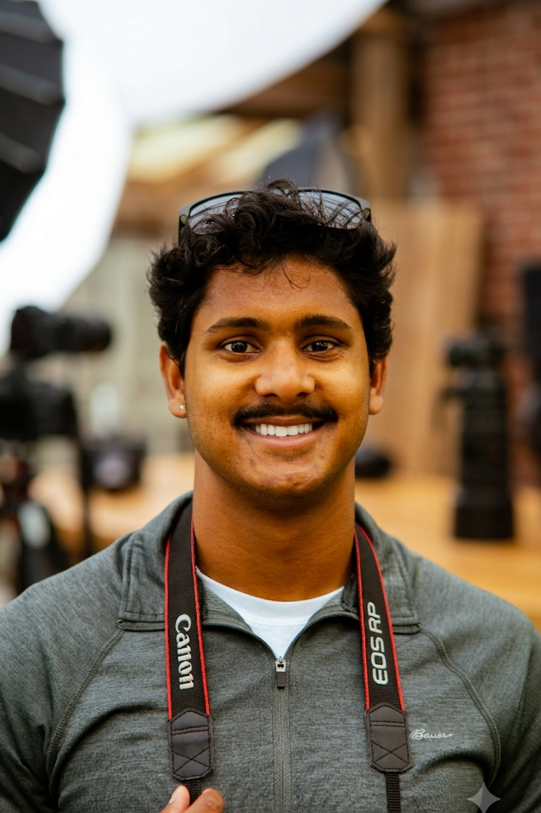 A young man with dark curly hair, a mustache, and a goatee, smiling at the camera. He is wearing glasses on his head, a gray jacket with a white shirt underneath, and has a Canon EOS R5 camera strap around his neck. The background appears to be an indoor setting with blurred equipment and brick wall.