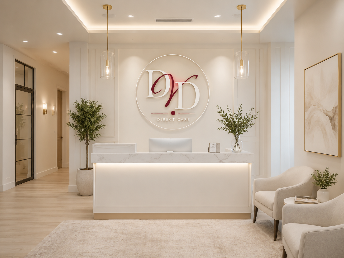 Reception area with white marble desk, two potted green plants, chairs with small potted plant and books, large abstract artwork, illuminated 'D Y D' logo on the wall, pendant lights, beige walls and floors.