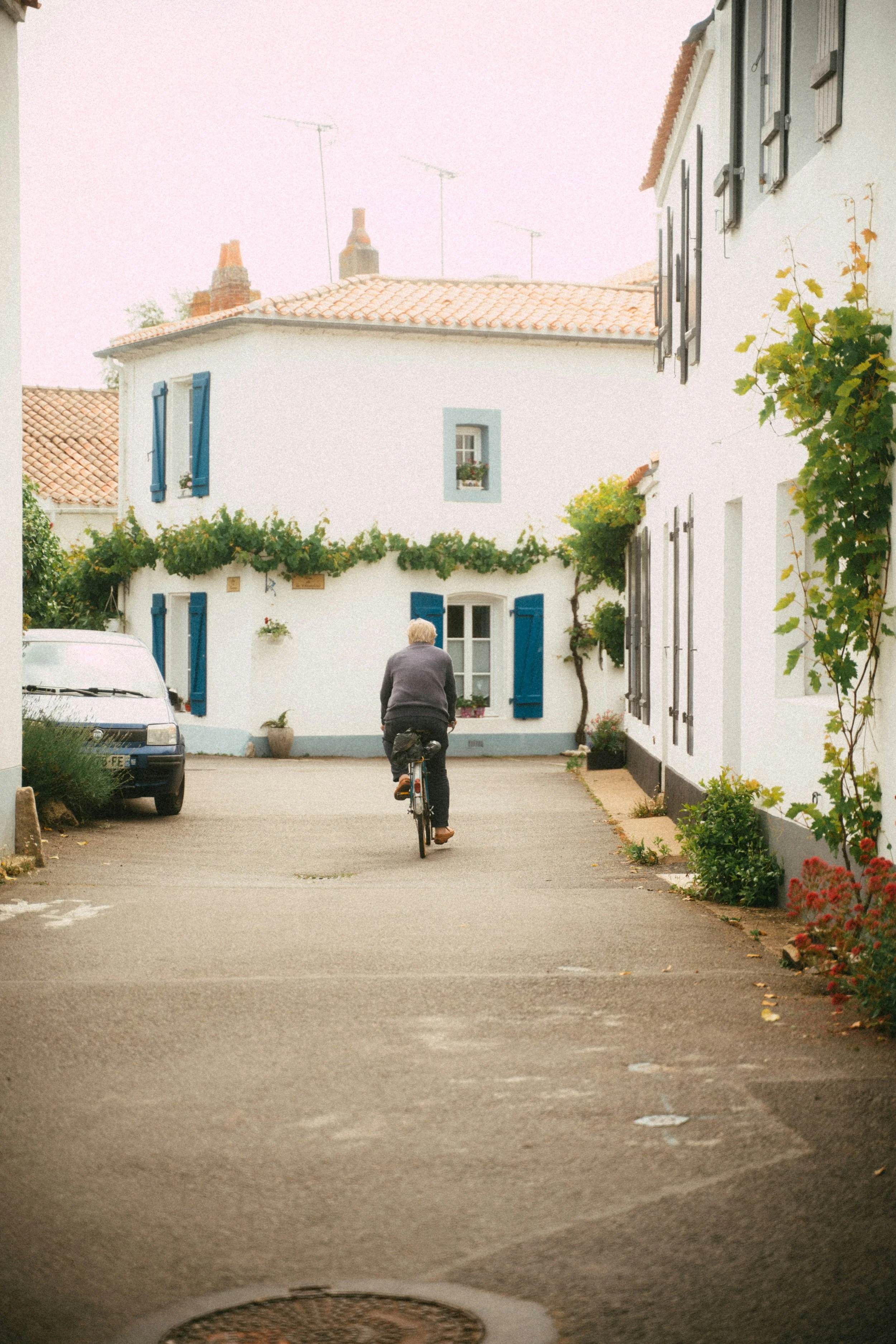 Man riding a bicycle away from the camera down a paved lane between white houses with blue shutters