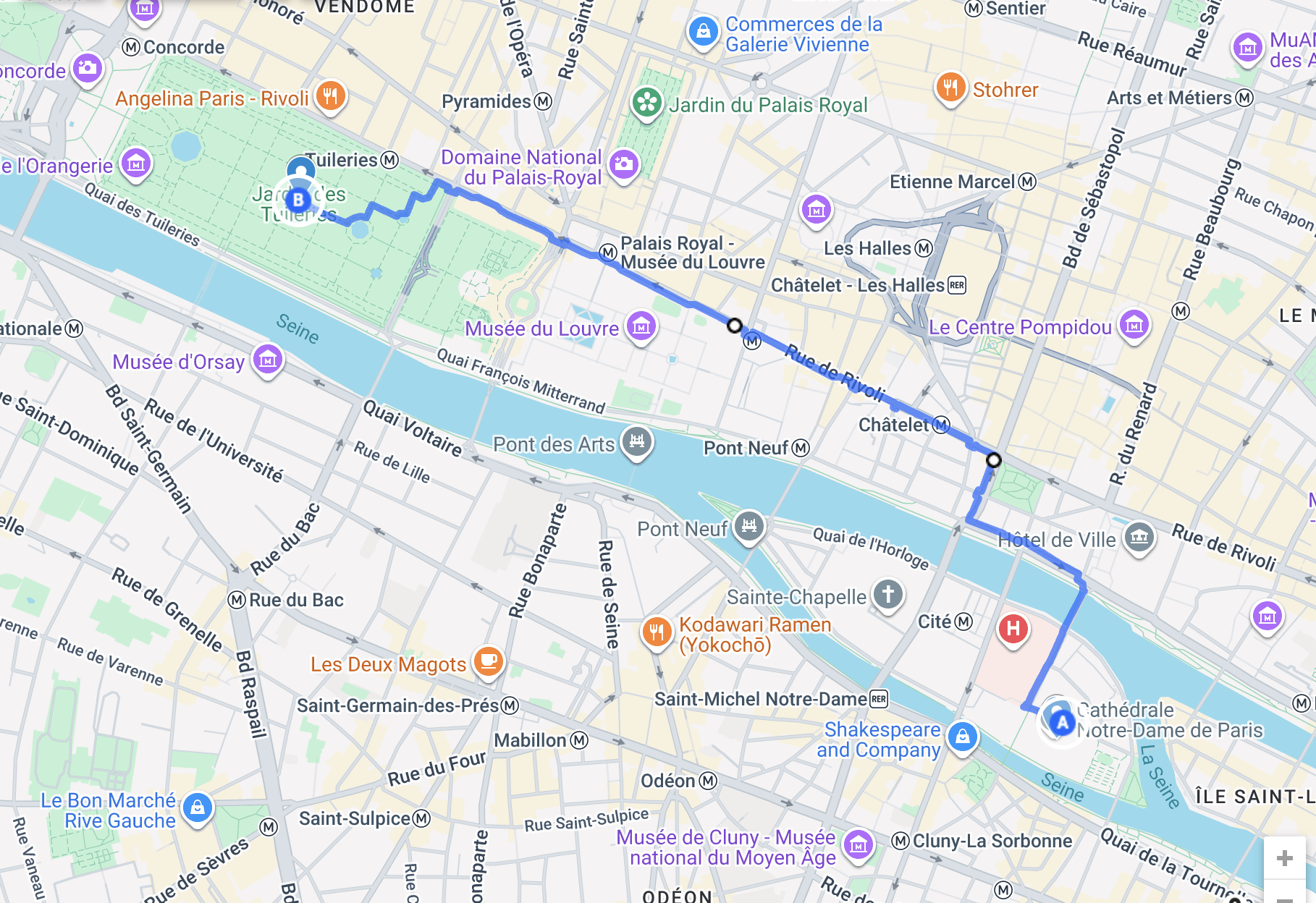 walking map notre-dame to tulieries via rue de rivoli
