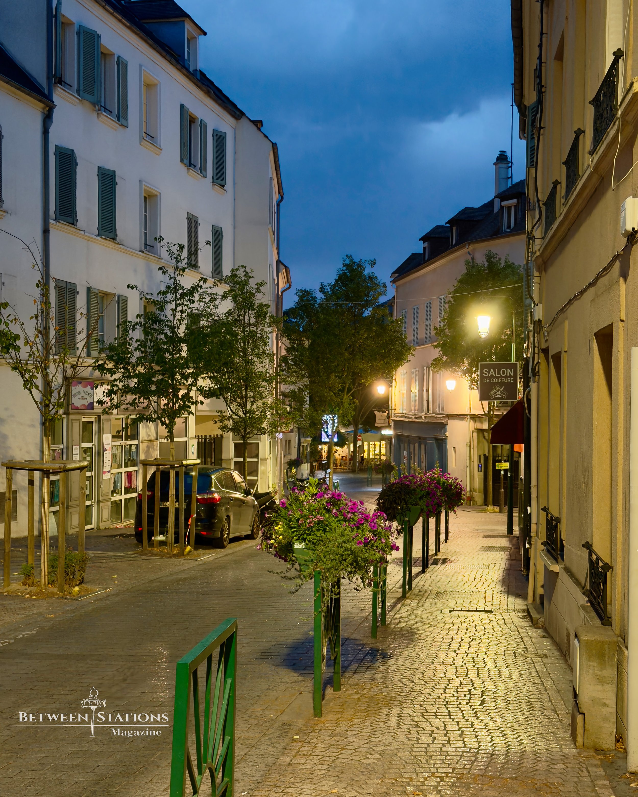 quiet French village street at dusk