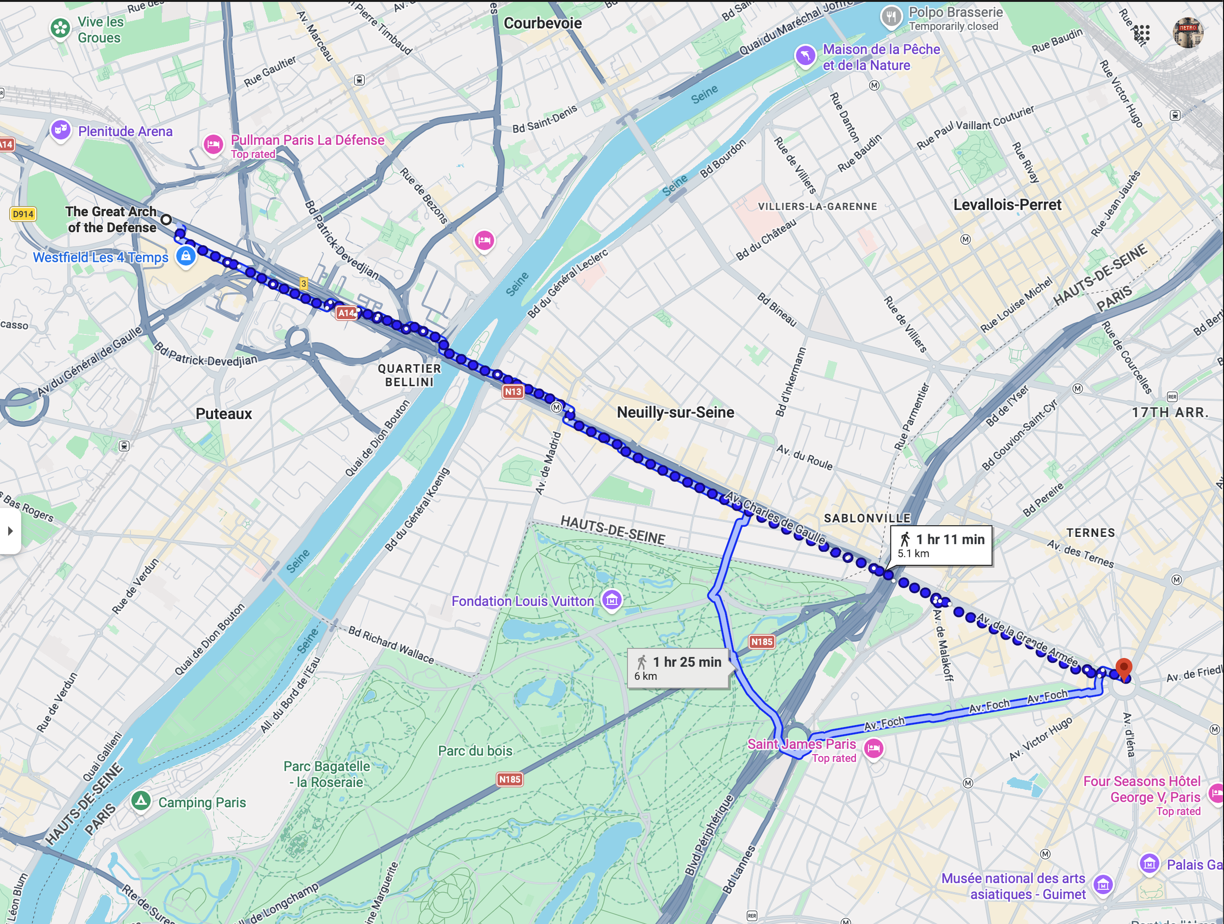 Walking Map Grand Arche to Arc de Triomphe