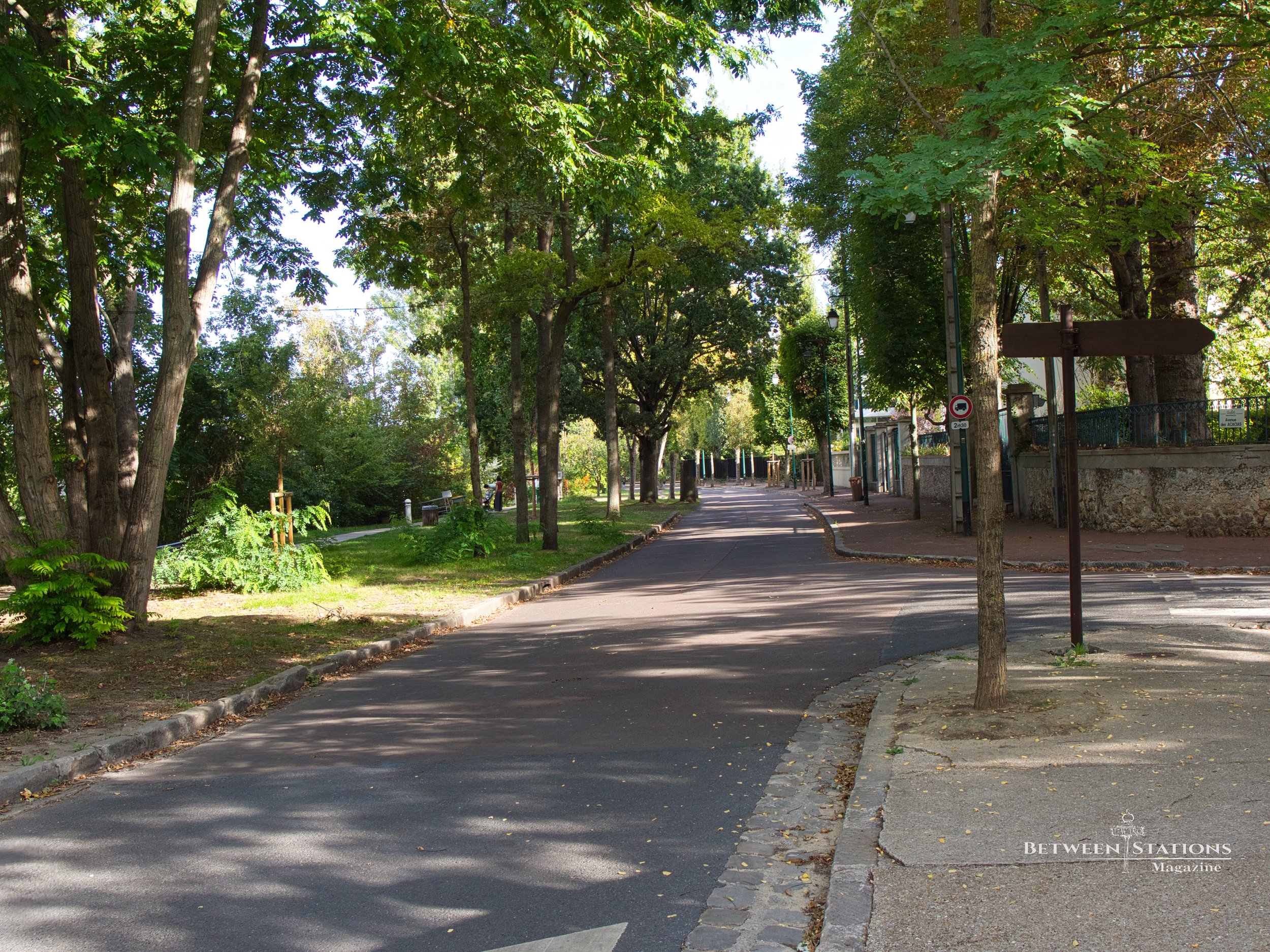 Empty tree-lined path with a low-clearance sign