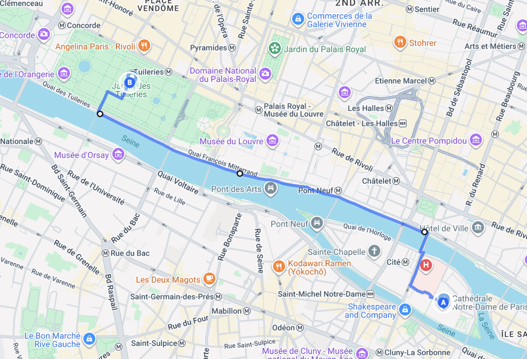 walking map notre-dame to tuileries along river