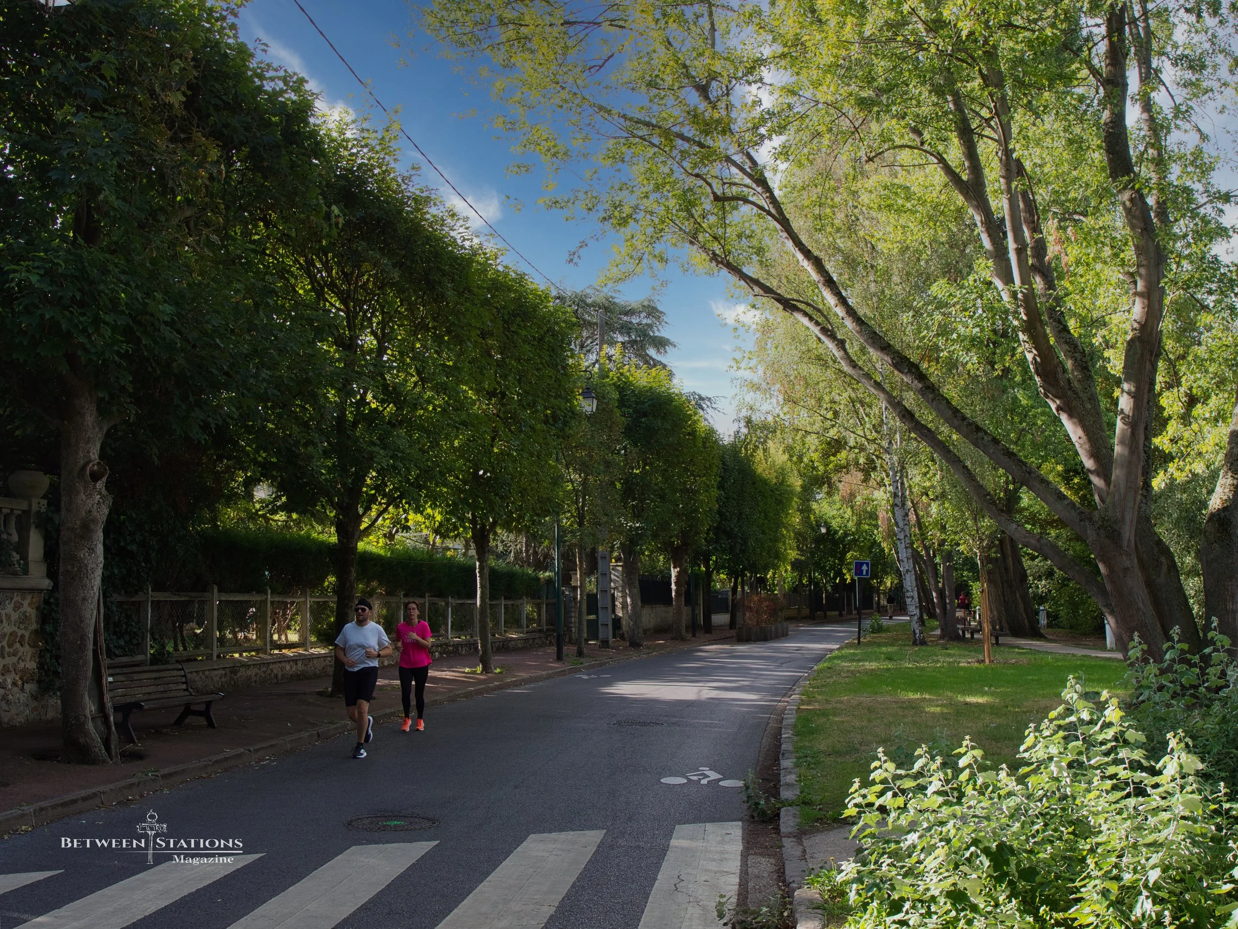 A paved path shaded by tall trees, with two people jogging past a blue cycle-route sign and a marked crosswalk