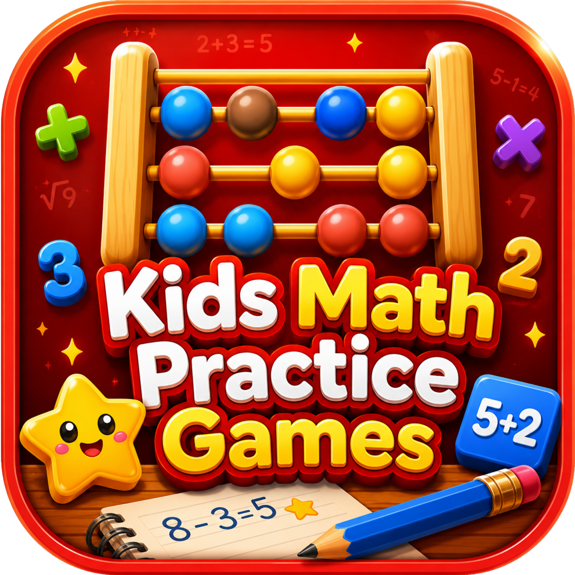 A children's educational game box titled 'Kids Math Practice Games' with colorful beads on horizontal rods, a yellow star with a smiling face, a notebook with math problems, a blue pen, and colorful numbers and symbols spread across a wooden surface.