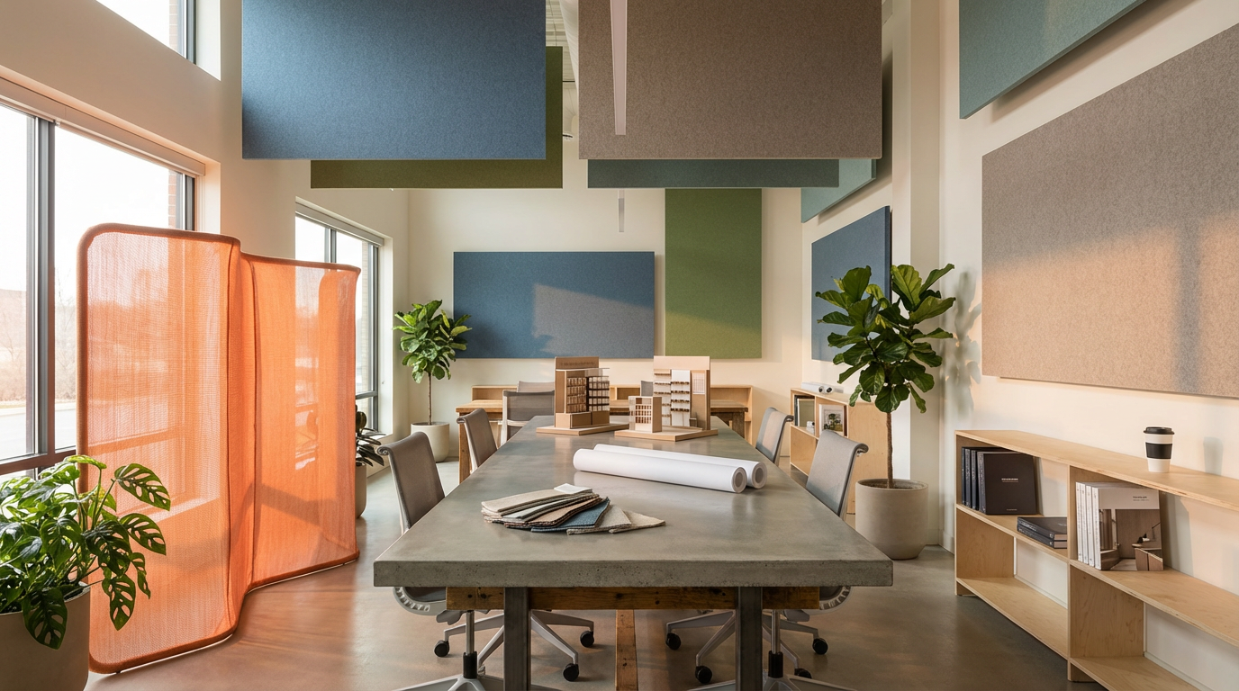 A modern conference room with a long table surrounded by chairs, large windows, potted plants, fabric-covered acoustic panels on the walls, and shelves with books and decorative items.