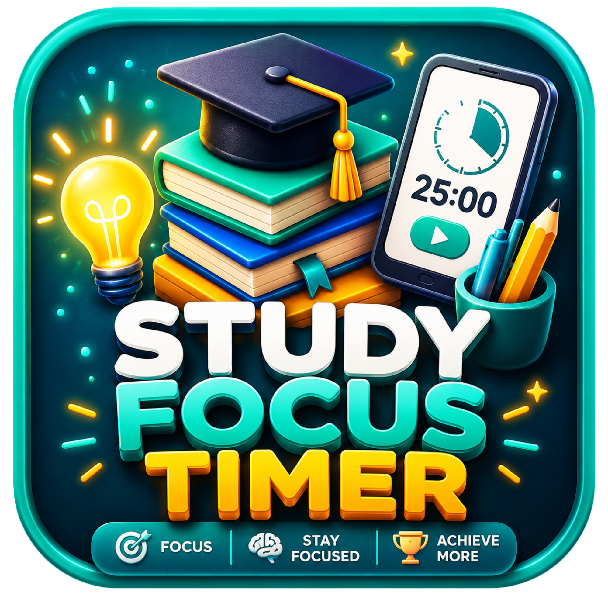 Digital illustration emphasizing study and time management, showing a graduation cap on books, a clock showing 25:00, a light bulb, a smartphone with a timer, and icons for focus, staying focused, and achieving more.