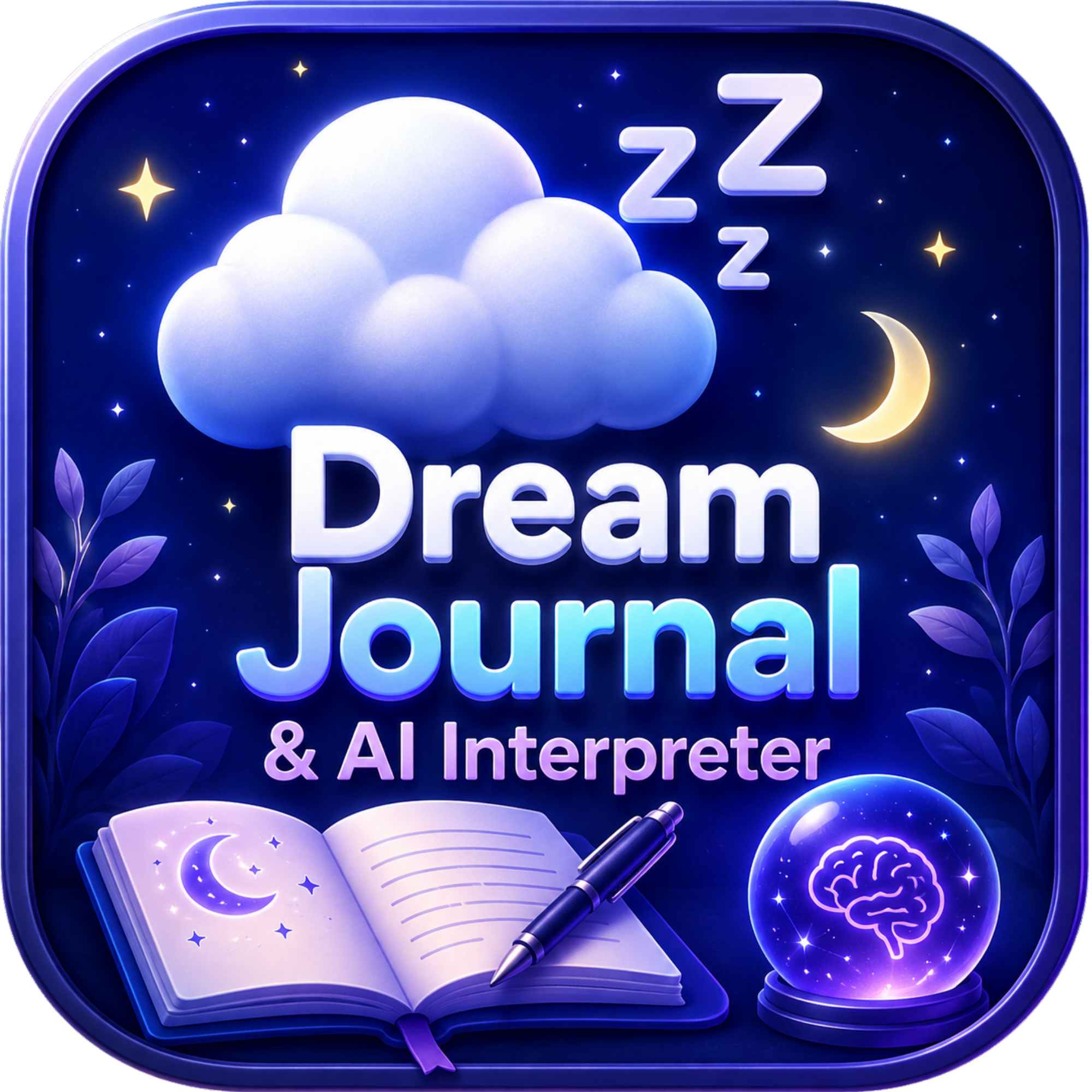 Illustration of a night scene with a cloud, moon, stars, a telescope, an open book showing stars and the moon, and a brain, with the text 'Dream Journal & AI Interpreter'.