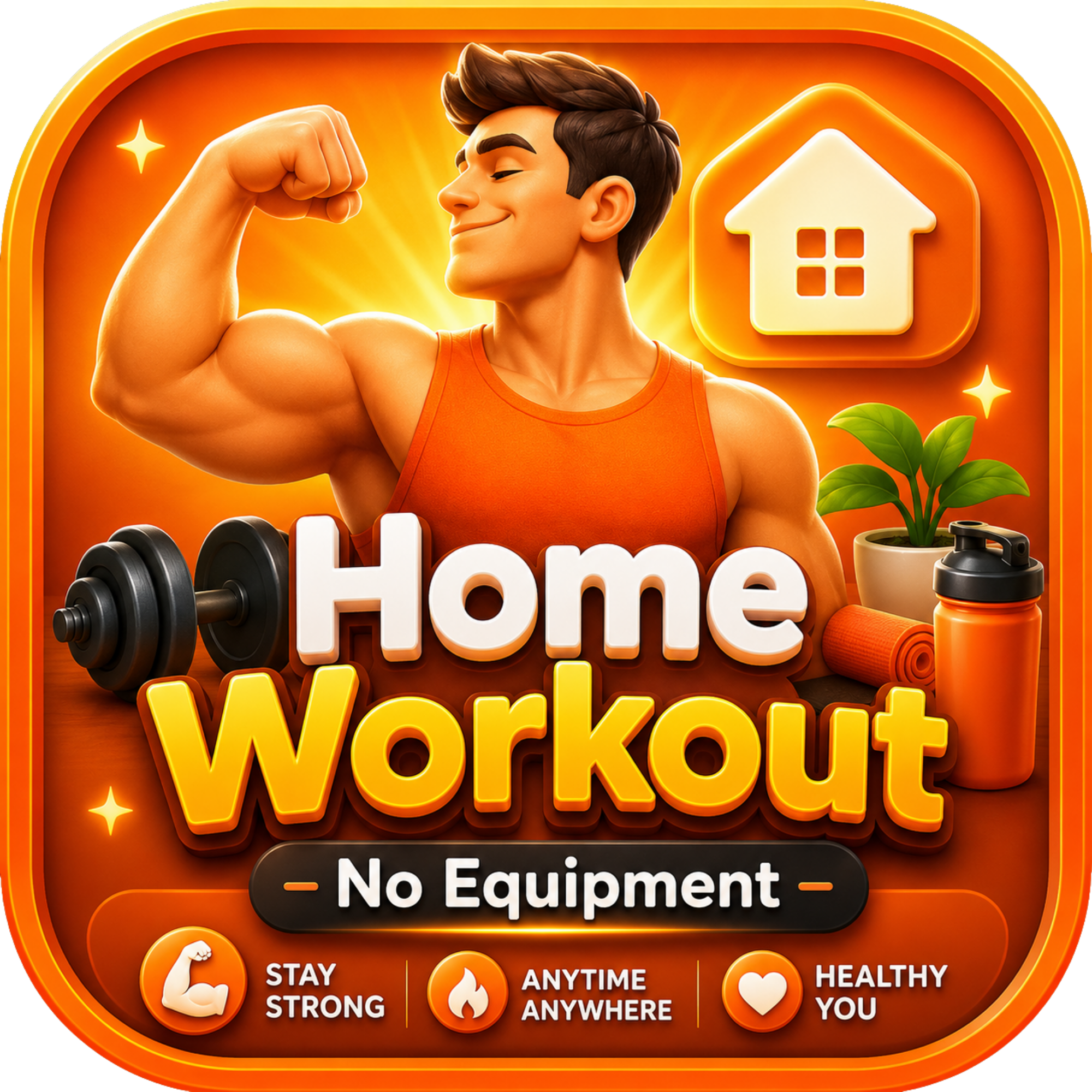 A cartoon man with dark hair flexing his right arm and smiling, surrounded by fitness equipment and a house icon, with the text 'Home Workout' and some motivational phrases.