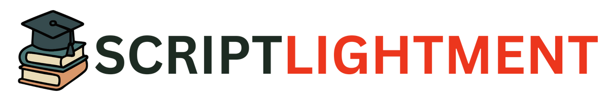 ScriptLightment logo — graduation cap and stacked books icon with the brand name in dark green and red