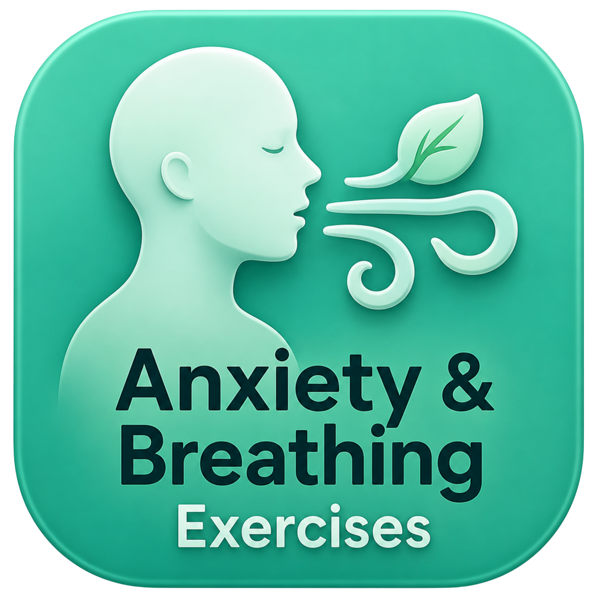 A teal circular icon with a minimalist illustration of a person's head exhaling a green leaf and steam, symbolizing breathing exercises for anxiety and stress relief.
