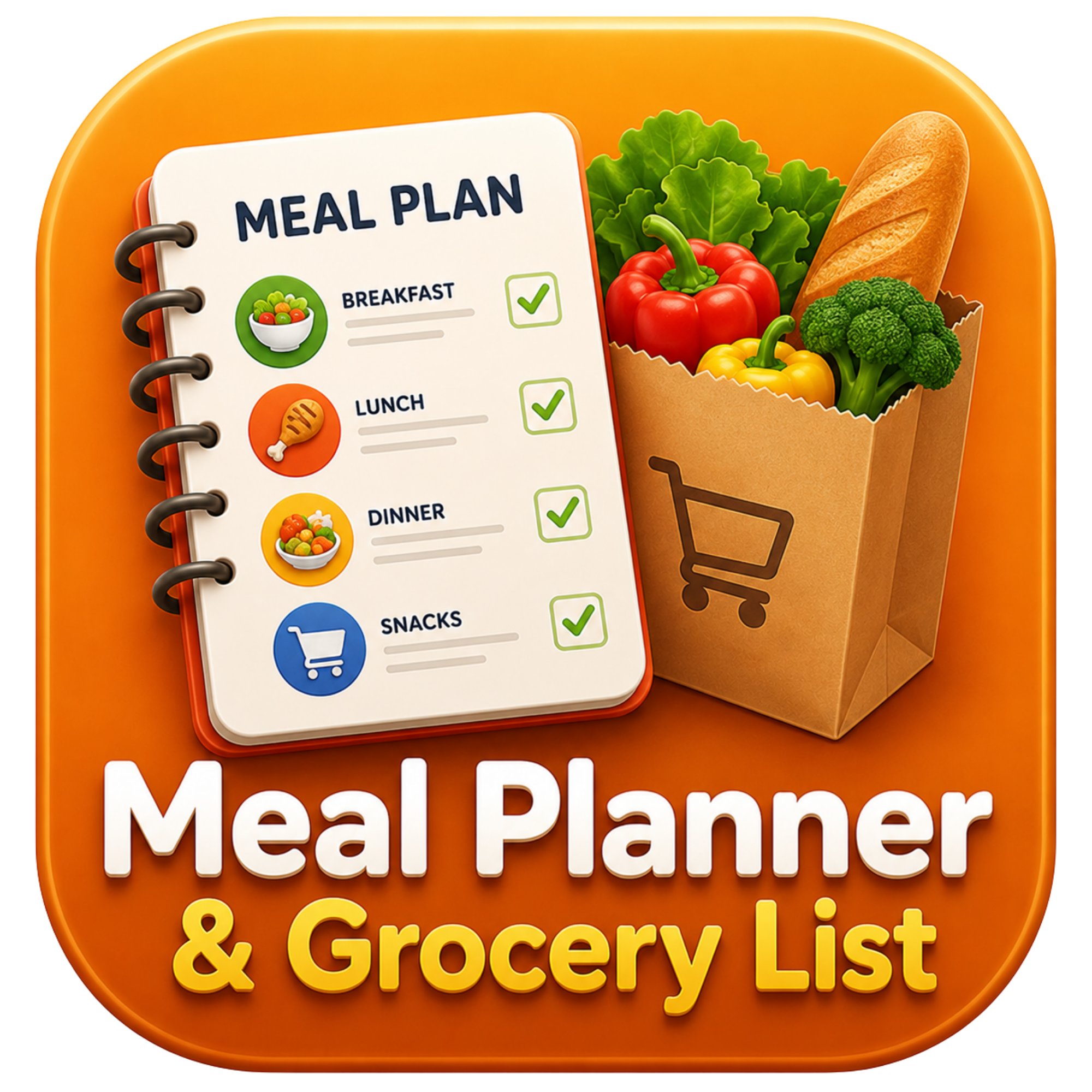 Orange circular icon with the text "Meal Plan" on a piece of paper, surrounded by fresh vegetables including a red bell pepper, yellow bell pepper, broccoli, and a baguette, with additional text "& Grocery List" at the bottom.