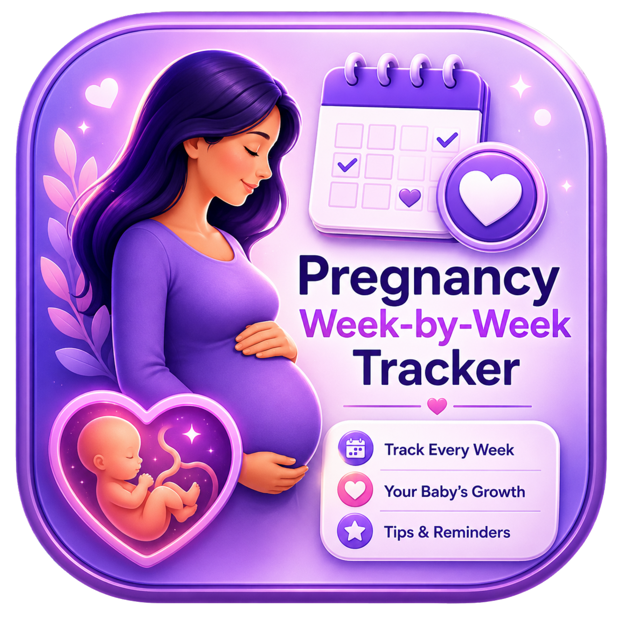 Illustration of a pregnant woman with purple hair and purple clothing, surrounded by icons related to pregnancy tracking, including a calendar, baby, heart, star, and tips. The image emphasizes pregnancy and baby growth monitoring.