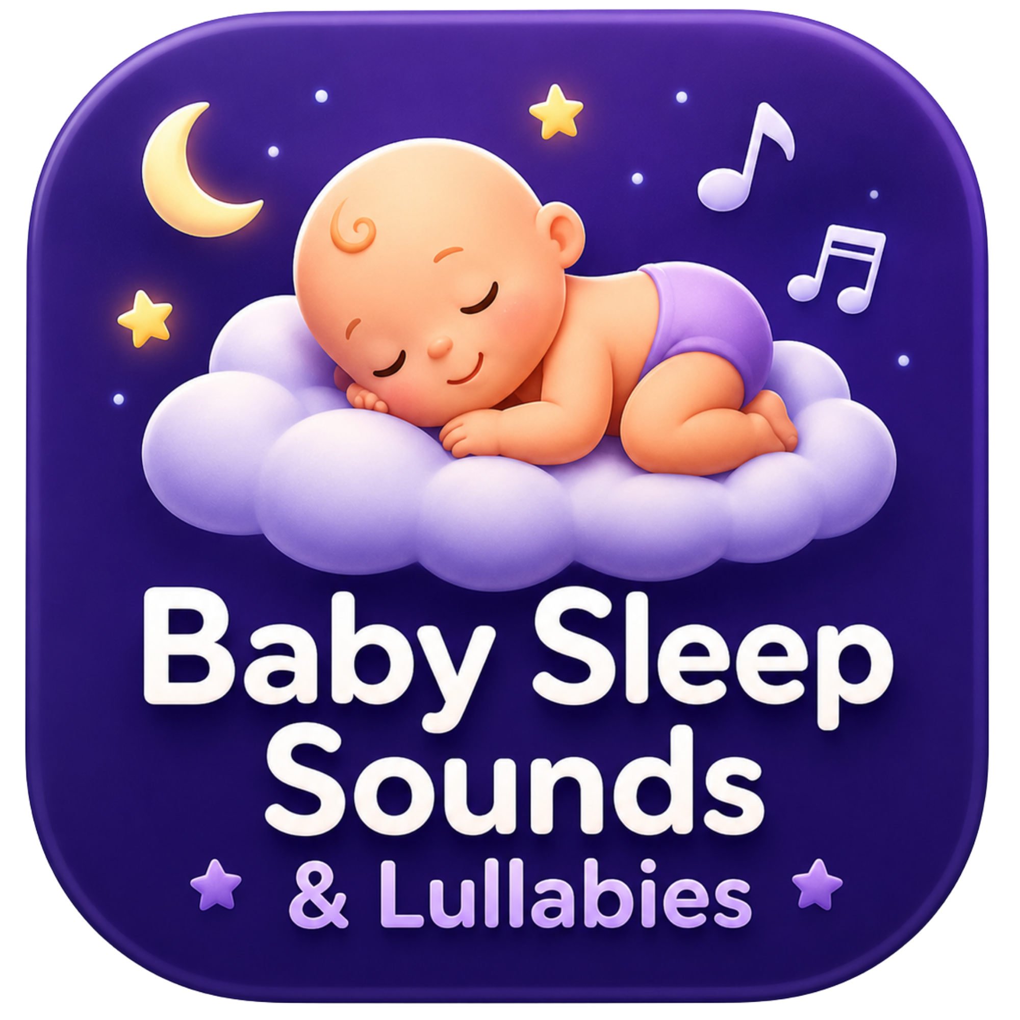 A purple oval badge or sign with a cartoon baby sleeping on a cloud, surrounded by stars, moons, and musical notes. Text on the badge reads: 'Baby Sleep, Sounds & Lullabies.'