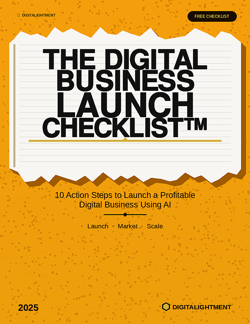Cover of a digital business launch checklist guide titled 'The Digital Business Launch Checklist,' with a yellow and orange background, bullet points for launch, market, and scale, and a 'Free Checklist' button in the top right corner.