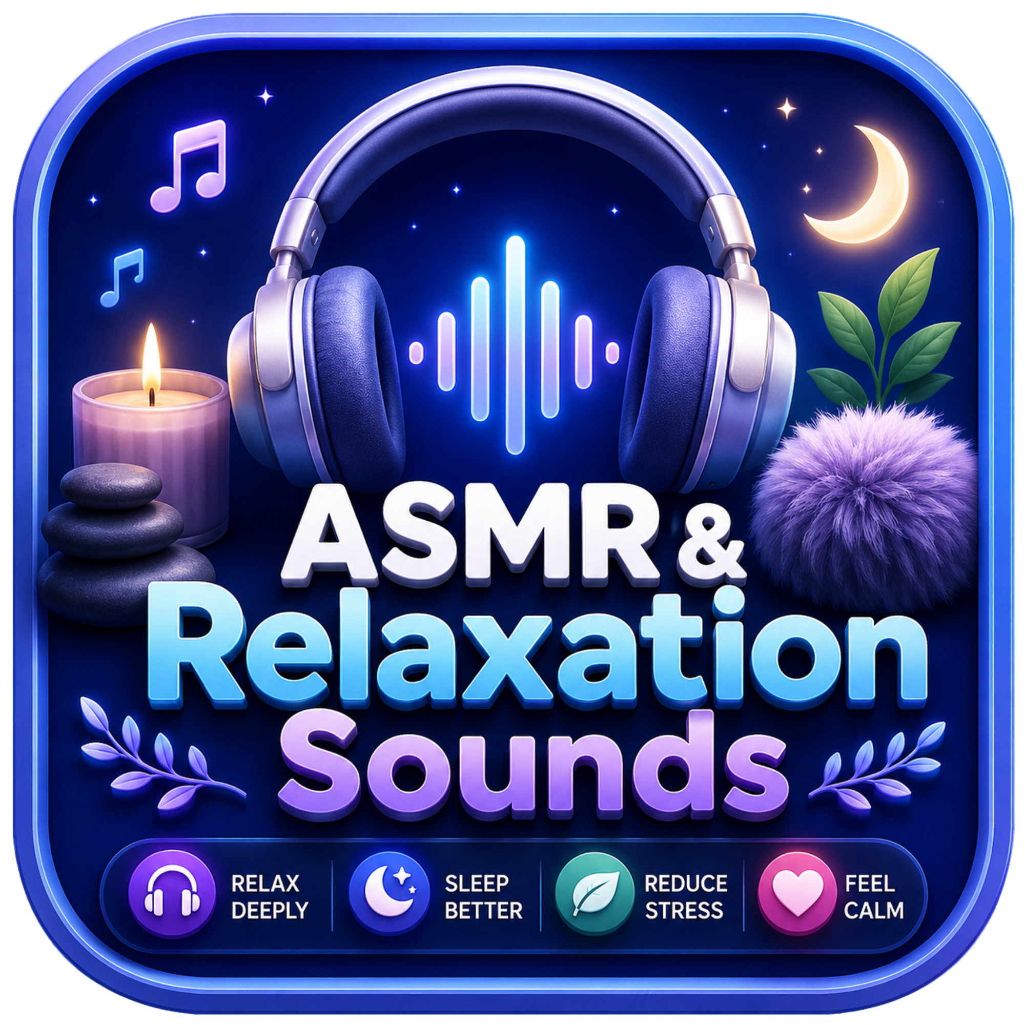 A digital graphic with a dark blue background featuring a pair of headphones, a candle, stacked stones, a fluffy purple object, a plant, and icons suggesting relaxation, sleep, stress reduction, and calming feelings. The text on the graphic references ASMR and relaxation sounds.