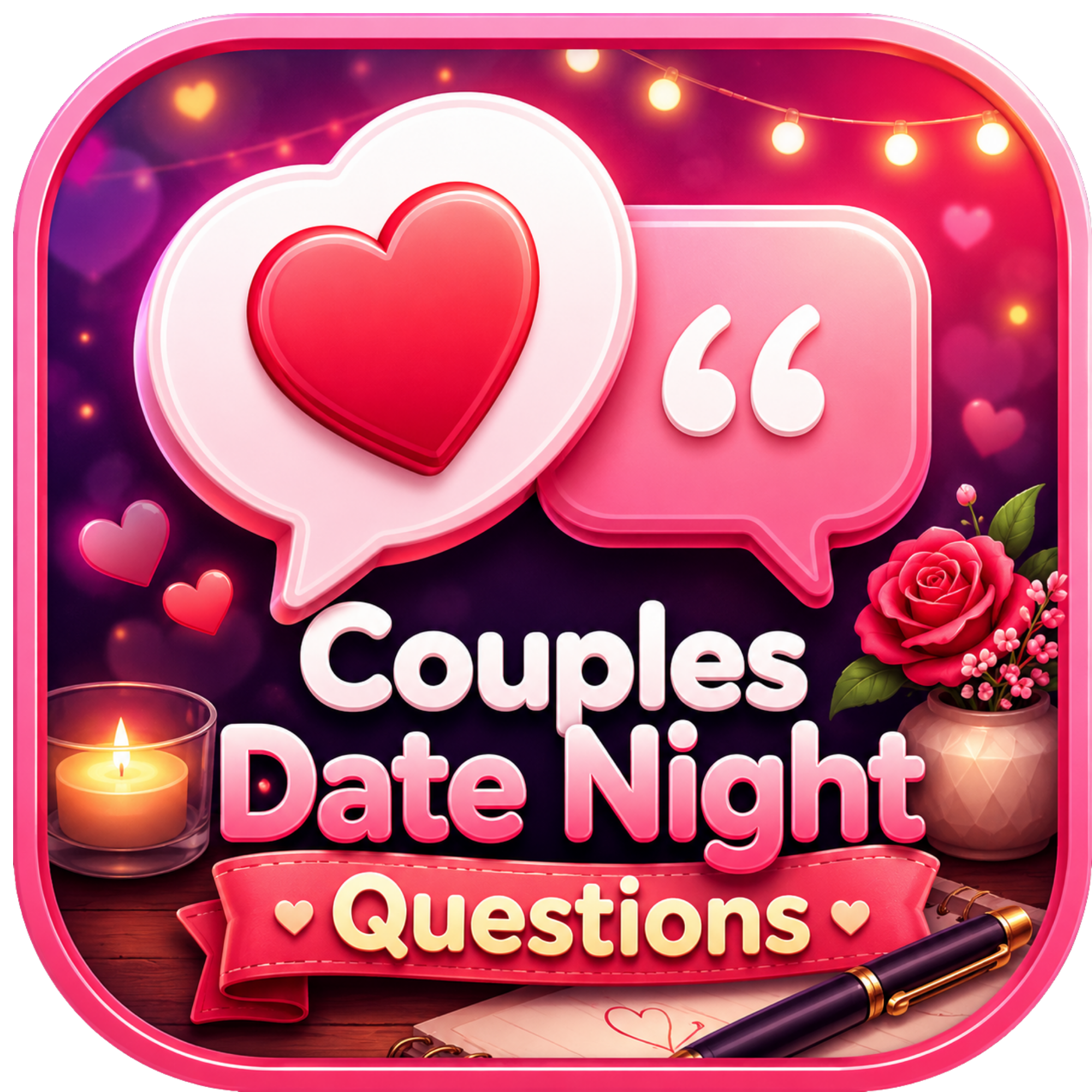 Valentine's Day themed graphic with pink speech bubbles, a lit candle, a pen, and roses on a wooden surface, including text about questions for couples during date night.