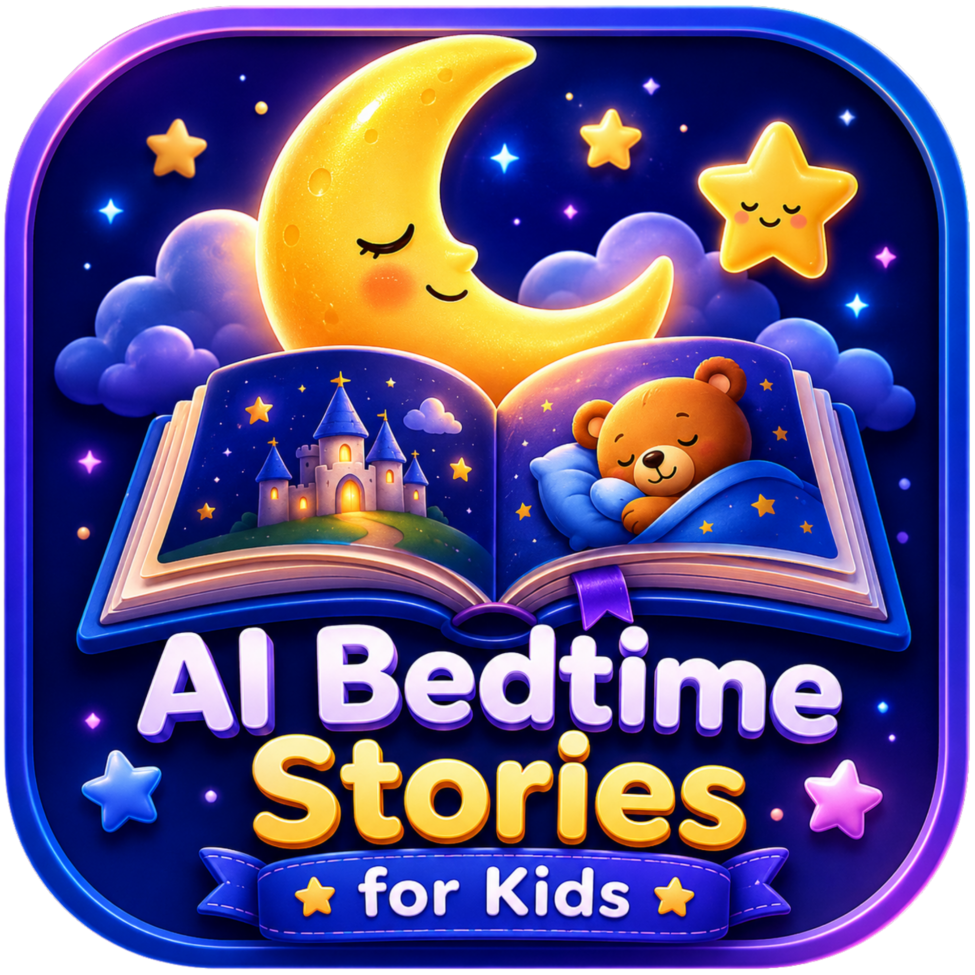 Colorful digital illustration of a night sky with a smiling crescent moon and animated stars, clouds, a castle, and a teddy bear, with text promoting bedtime stories for kids.