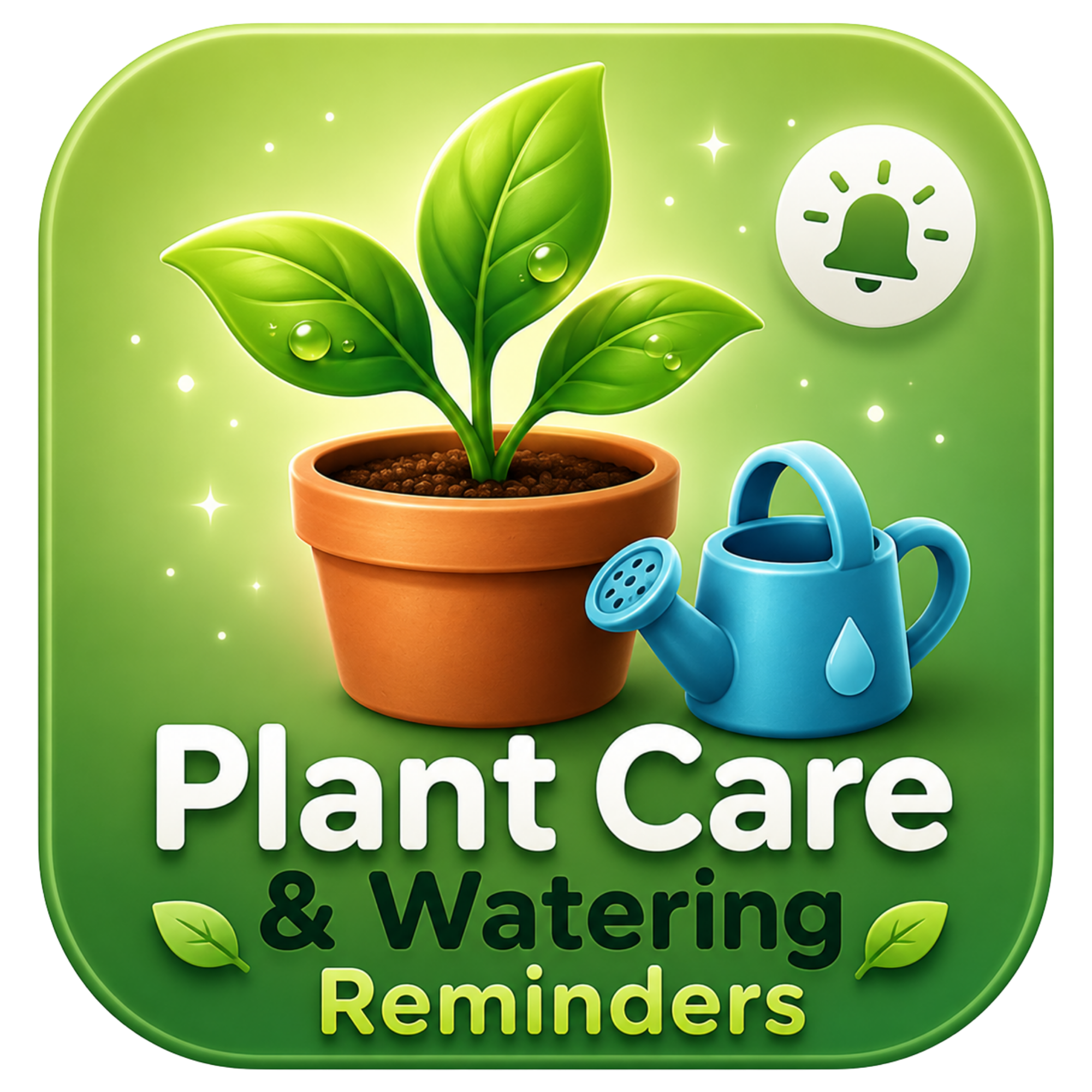 Green plant in a pot with watering can and reminder label for plant care.