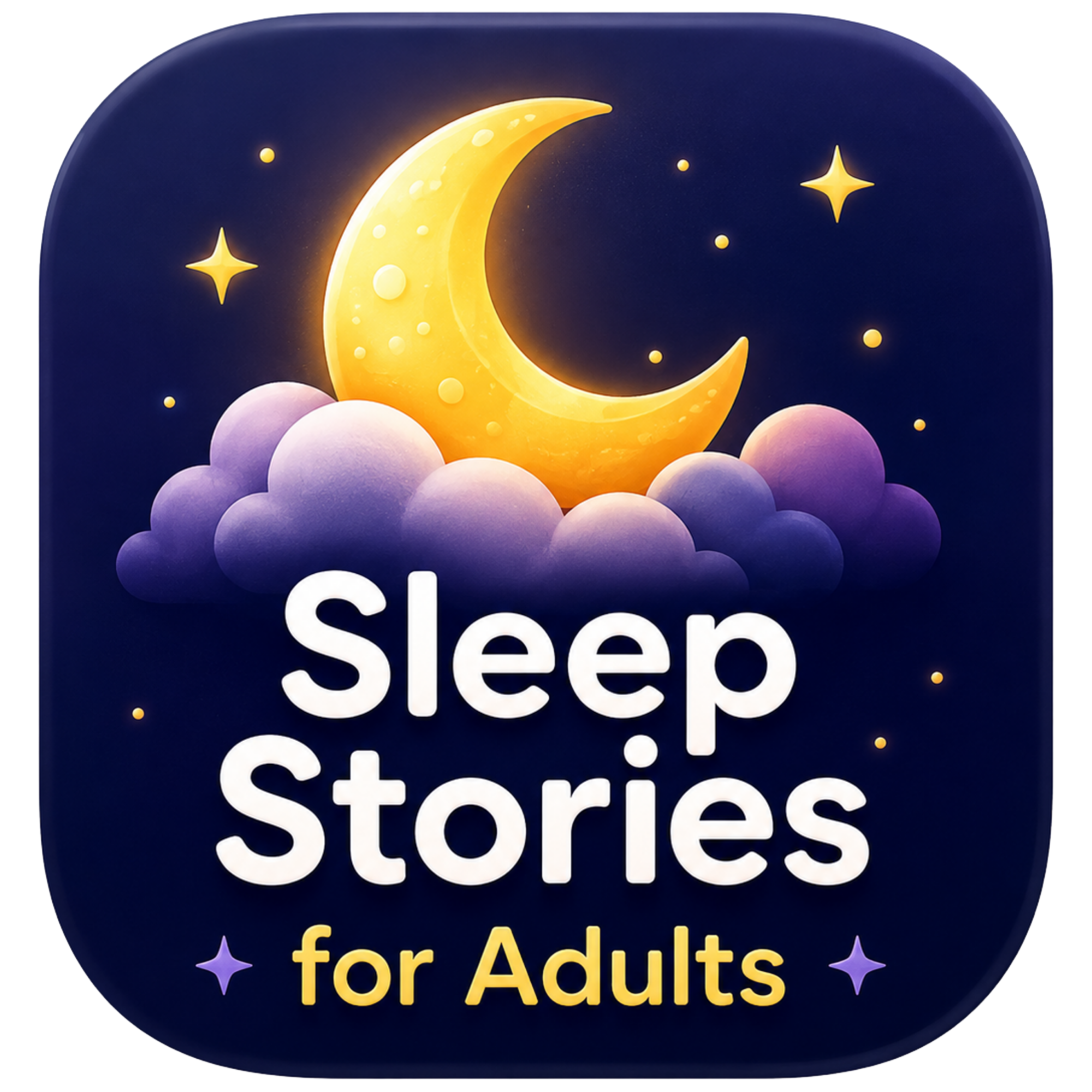 A dark blue background with a glowing yellow crescent moon surrounded by stars and clouds. The text reads 'Sleep stories for Adults.'