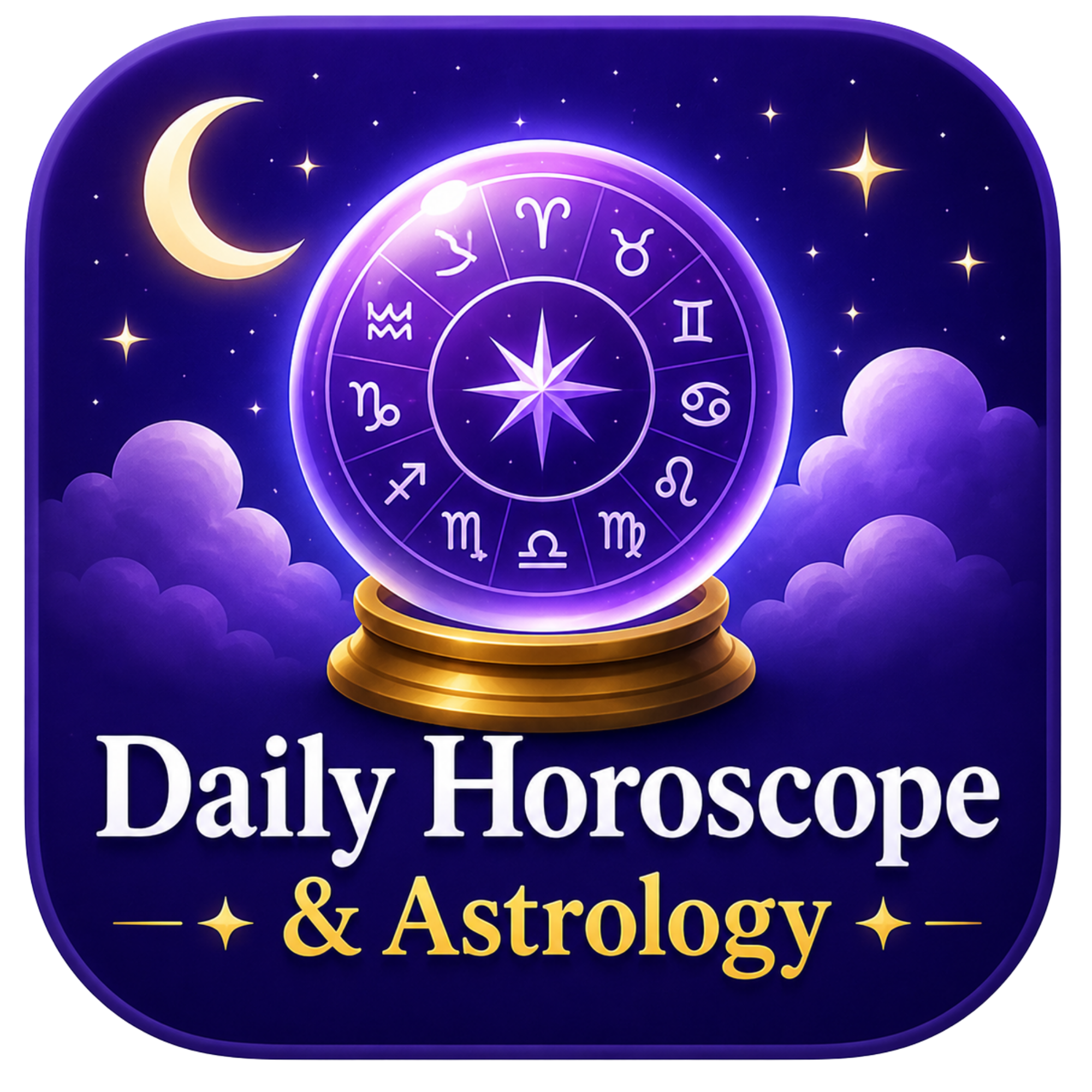 A logo for Daily Horoscope & Astrology featuring a cosmic background with stars, moon, and zodiac symbols. The logo includes a purple circular design with a star in the center, surrounded by zodiac signs, a crescent moon, and a bright star. The text "Daily Horoscope & Astrology" is written at the bottom of the logo.