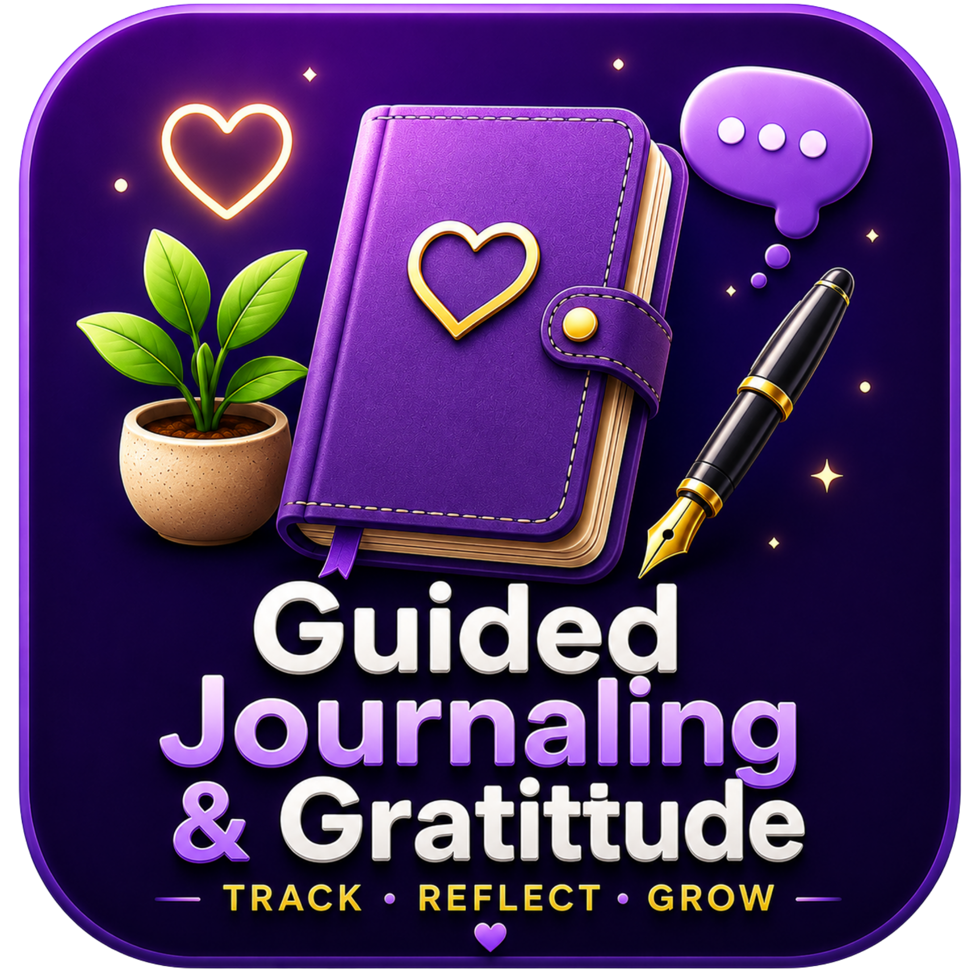 Colorful graphic promoting personal growth with a purple background, featuring elements like a purple notebook, a small potted plant, a purple speech bubble, and a gold and black pen. The text emphasizes mindfulness and gratitude practices, including tracking, reflecting, and growing.
