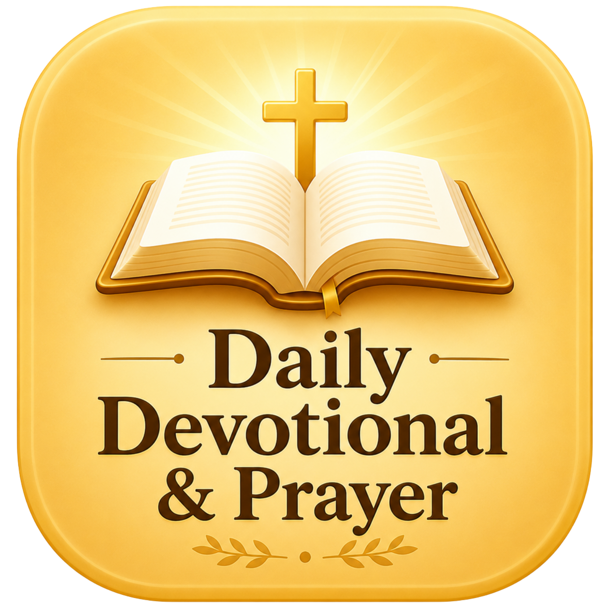 A yellow badge with a gold cross and an open book illustration on top. The text reads "Daily Devotional & Prayer."
