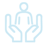 Outline of two hands holding a figure of a person between them.