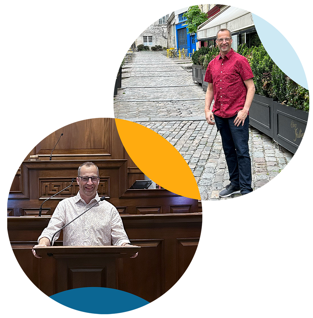 A collage featuring two images of the same man. The first image shows him outdoors on a cobblestone street, smiling and wearing a red polka dot shirt. The second image shows him indoors, speaking at a wooden podium in a formal setting, smiling and wearing a white shirt with small patterns.
