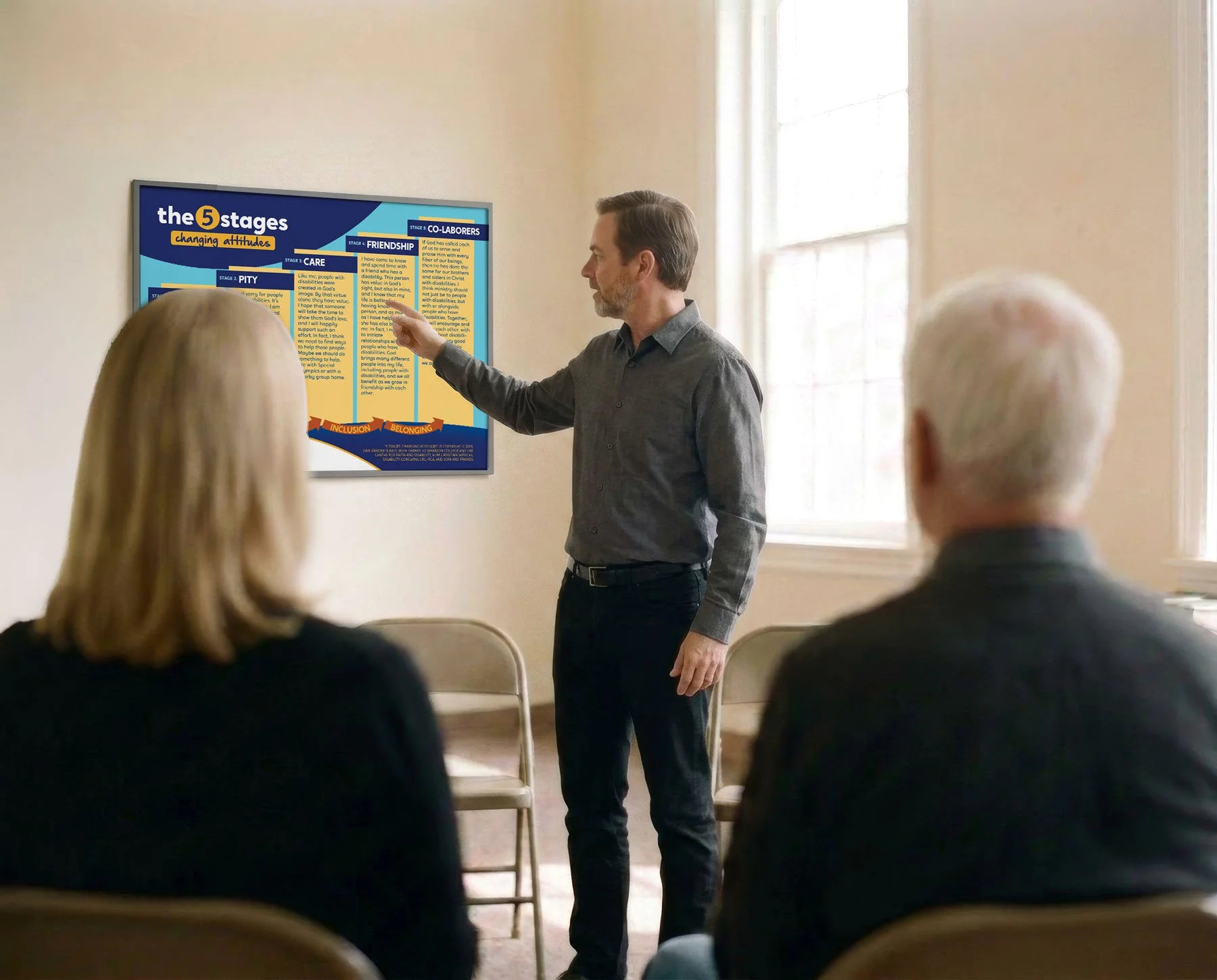 A man in a gray shirt and black pants is giving a presentation to an audience seated in chairs, with a poster titled 'the 5 stages' on the wall behind him.