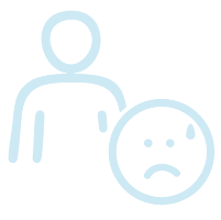 A simple line drawing of a person with a sad face next to a sad emoticon