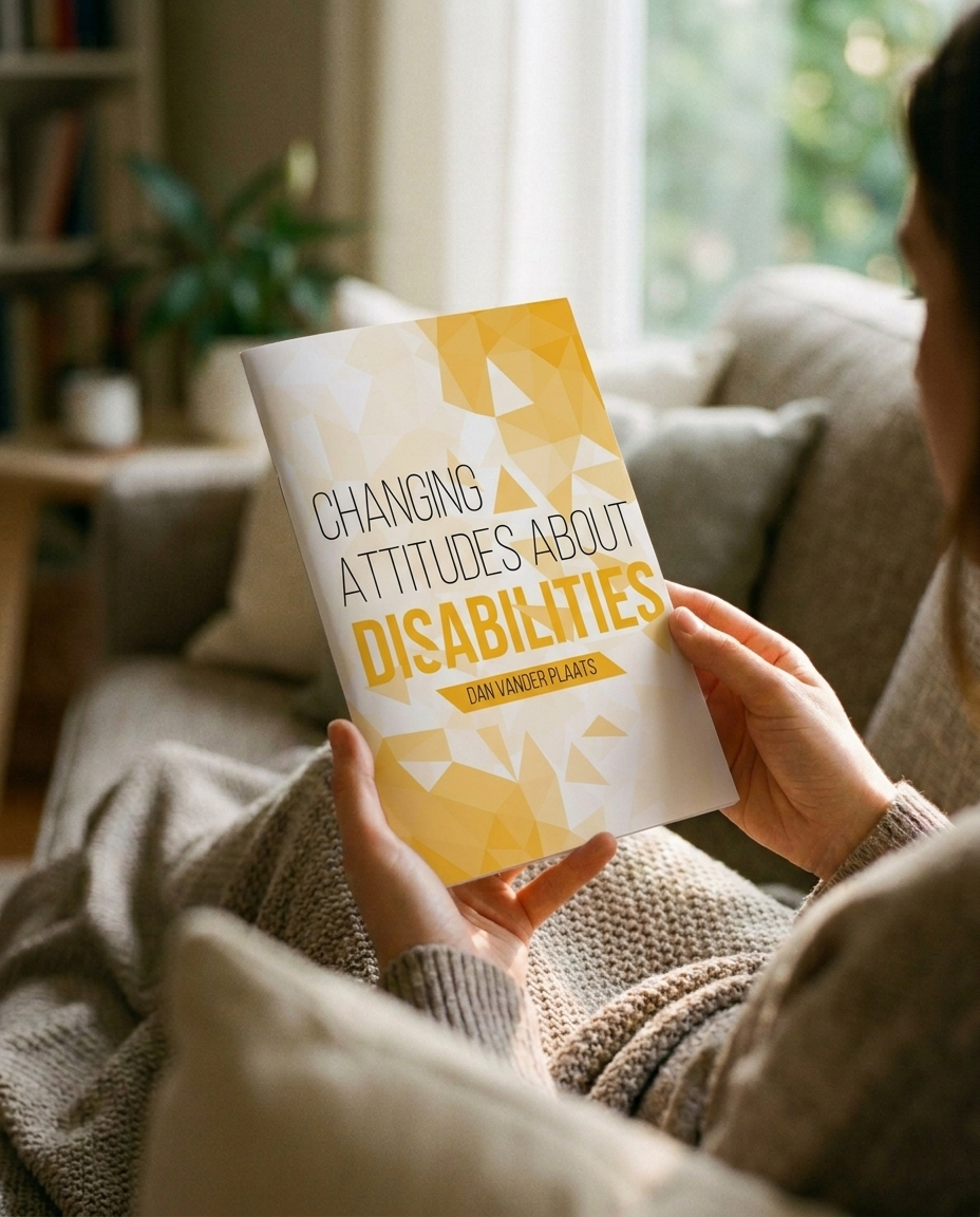 Person sitting on a couch holding a book titled 'Changing Attitudes About Disabilities' by Dan Vander Plaats near a window with green foliage outside.