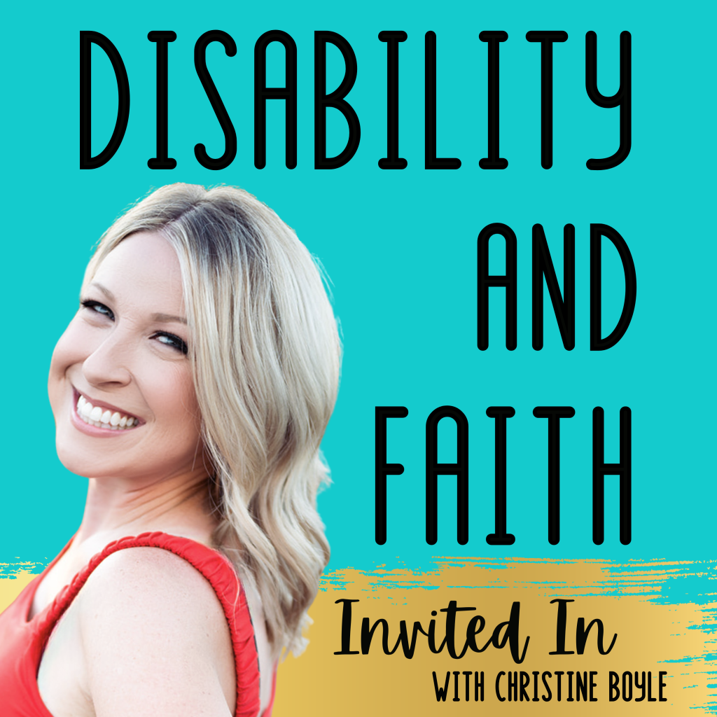 Book cover with a smiling woman with blonde hair wearing a red top, and the title 'Disability and Faith: Invited In' by Christine Boyle on a turquoise and yellow background.