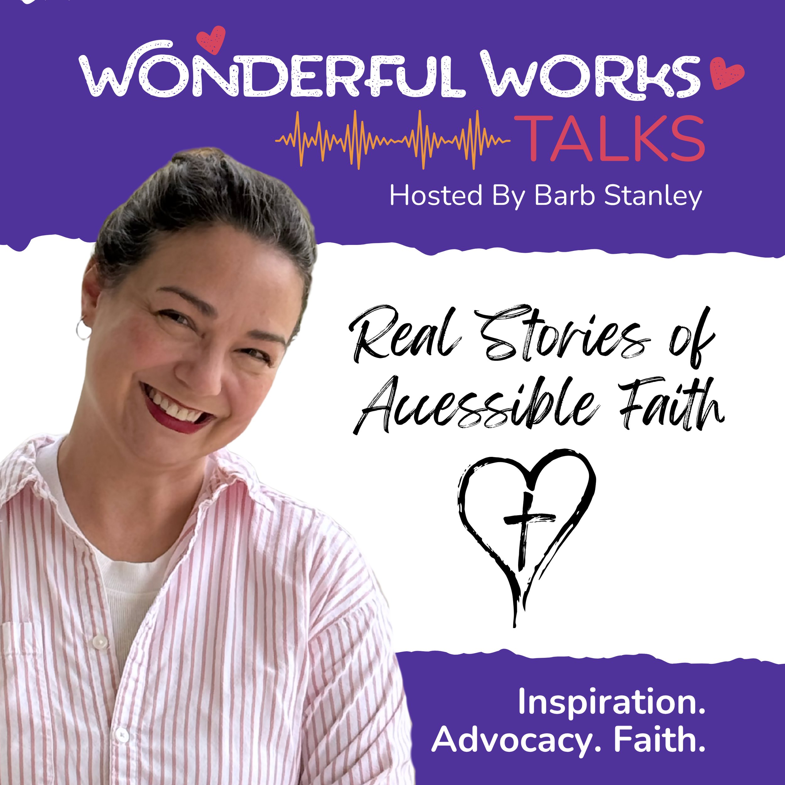 A smiling woman with a top bun hairstyle wearing a pink and white striped shirt, with a purple background that features the text "WONDERFUL WORKS TALKS" and a heart shape, along with a sound wave illustration.