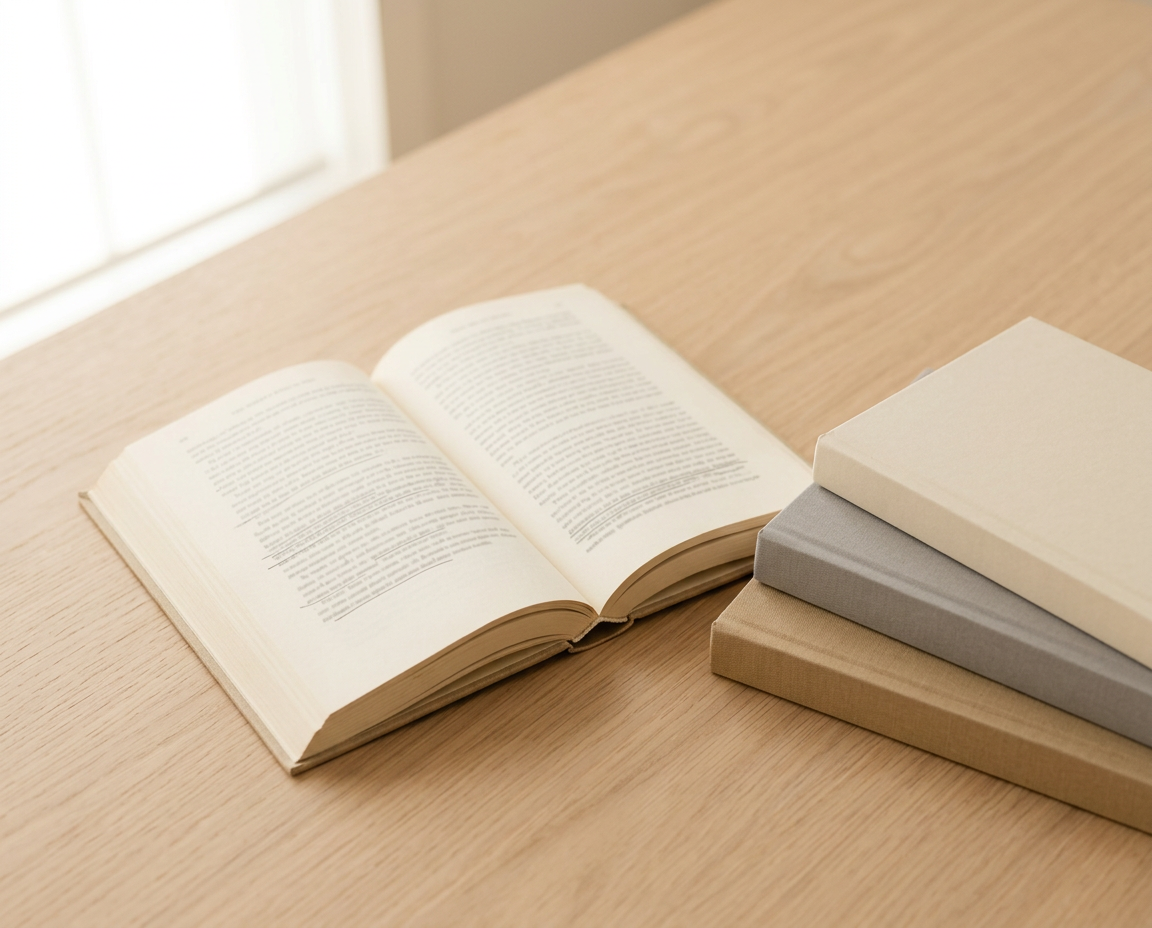 Open book on a wooden table next to three closed books in muted tones.