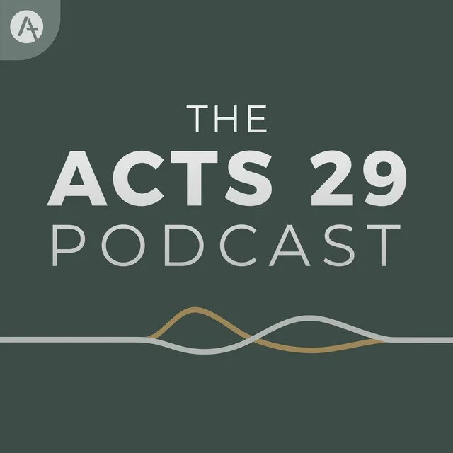 Logo for The Acts 29 Podcast with green background, white text and decorative wave lines.
