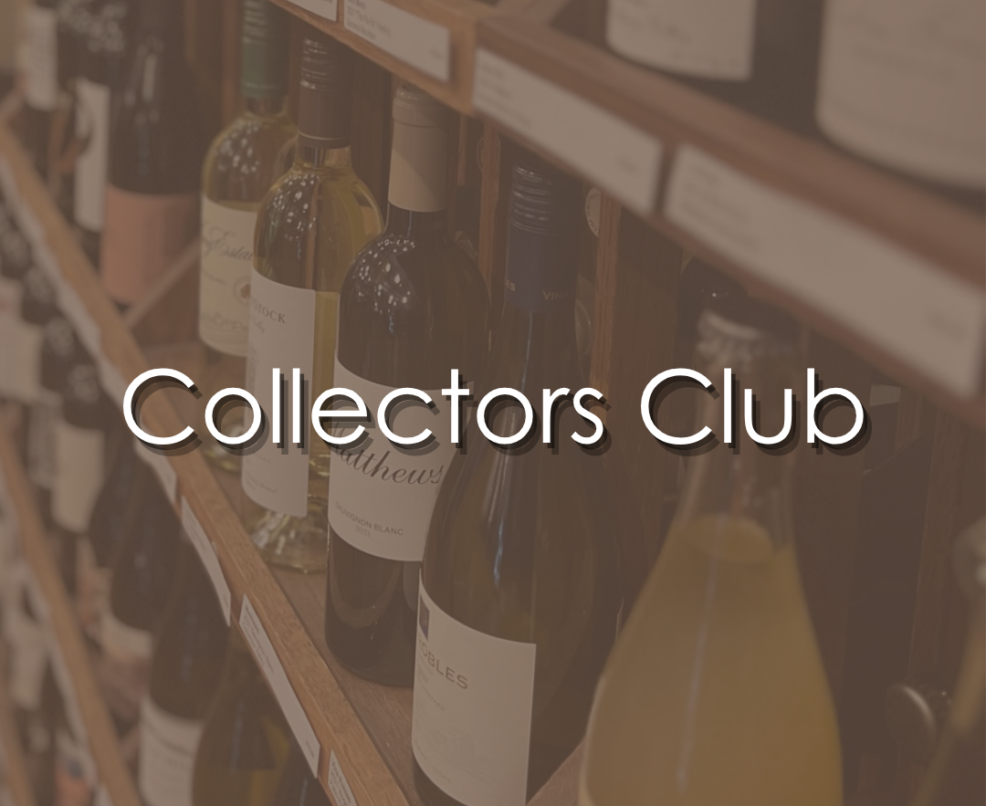 Wine bottles on a wooden shelf at Thief Wine with the text 'Collectors Club' overlaid.