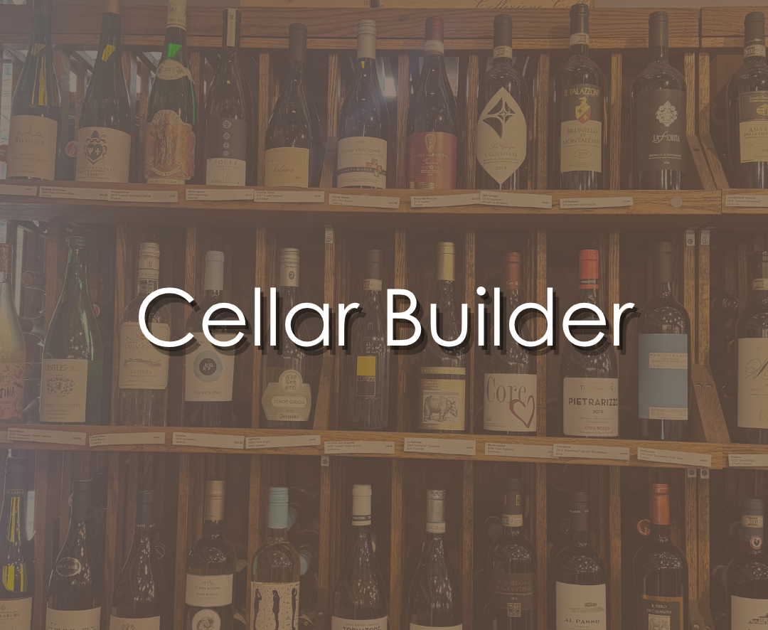 A wooden wine shelf filled with various bottles of wine at Thief Wine with the text "Cellar Builder" overlaid.
