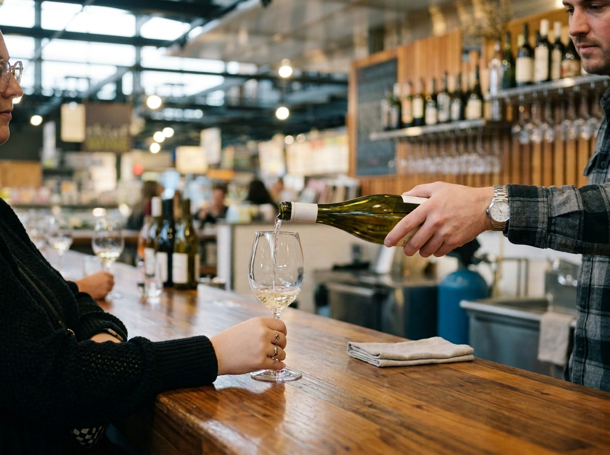 A man pours white wine into a wine glass held by a woman at a bar at Thief Wine Shop and Bar in the Milwaukee Public Market, with bottles and glasses on shelves in the background.