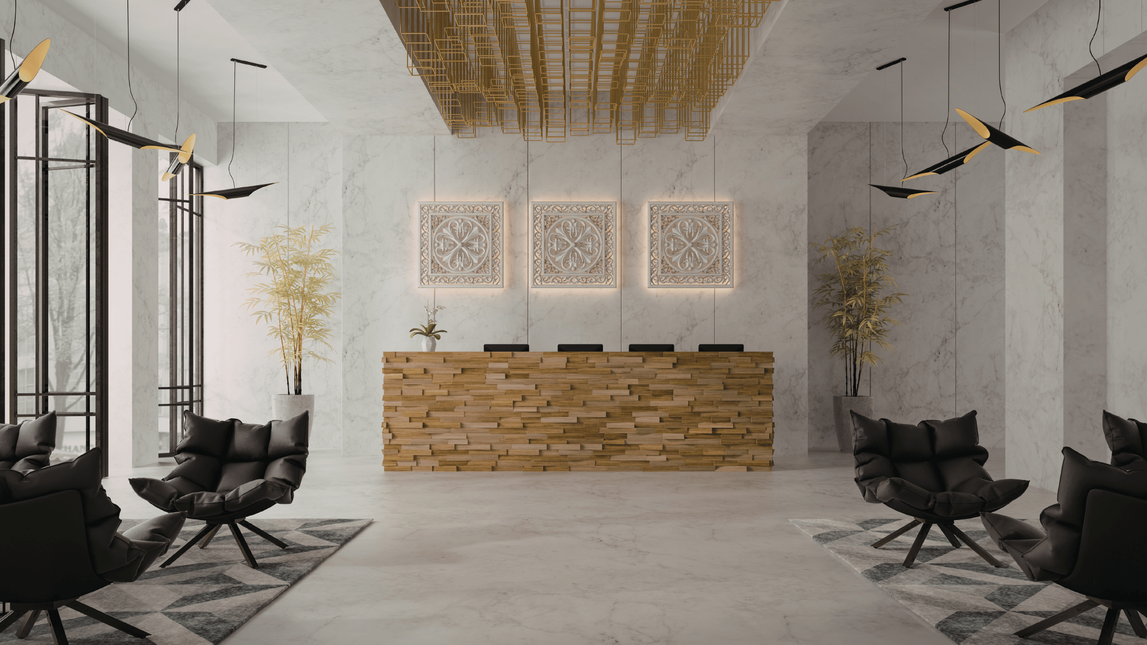 Modern reception area with a curved wooden reception desk, black armchairs, and hanging ceiling lights. Decorative wall art and potted plants are visible. Large windows let in natural light.