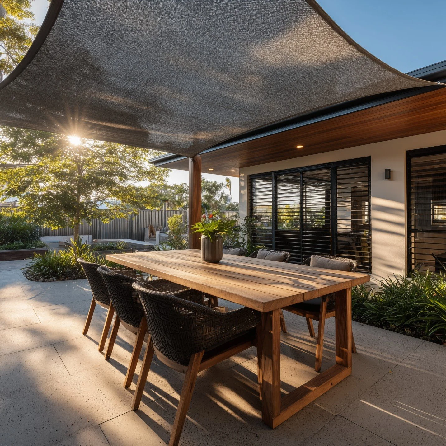 Outdoor patio with a wooden dining table and black chairs, surrounded by plants, with a shade sail overhead and a modern house in the background, during late afternoon sunlight.