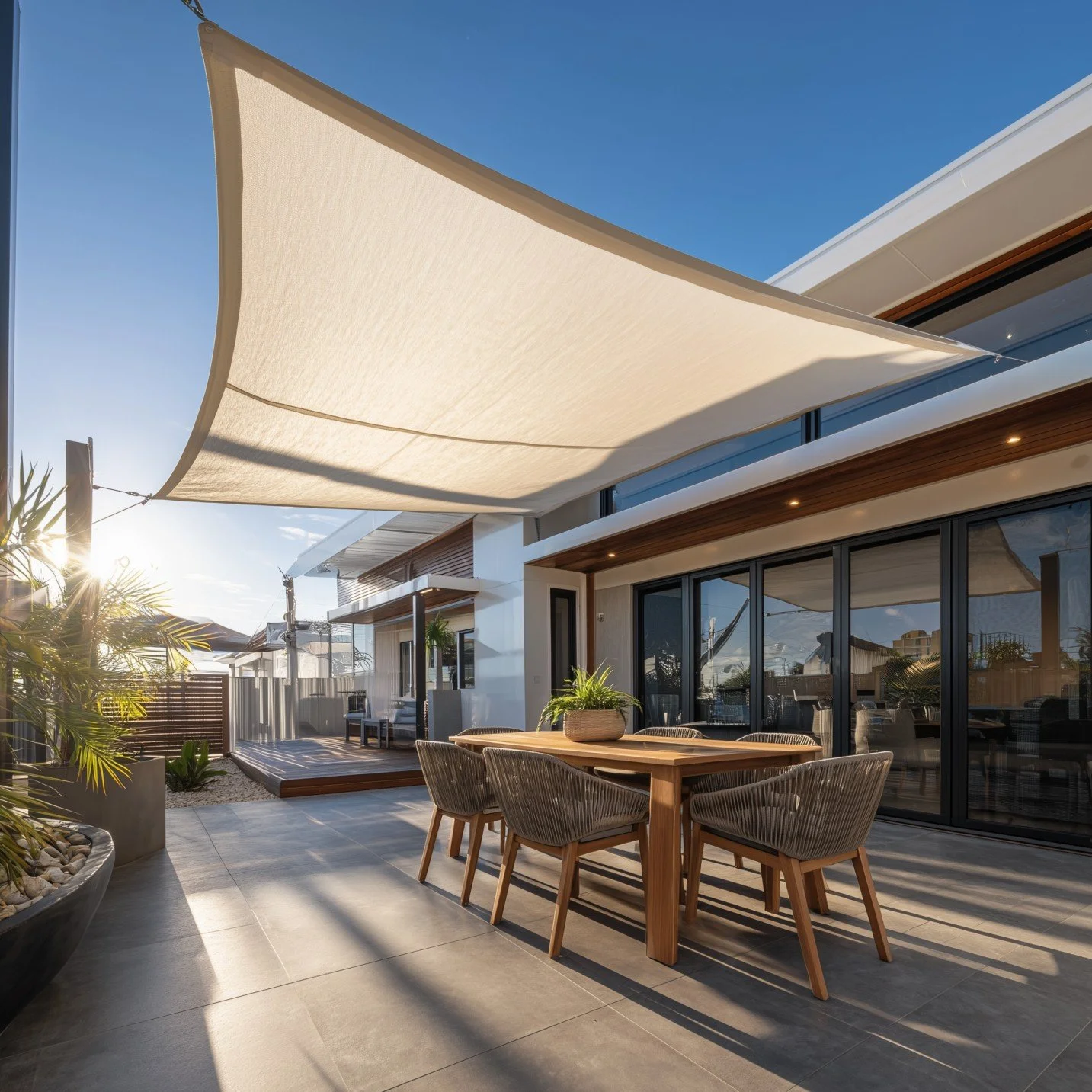Modern outdoor patio with wooden dining table, six chairs, large beige shade sail, potted plants, and sliding glass doors reflecting nearby houses.
