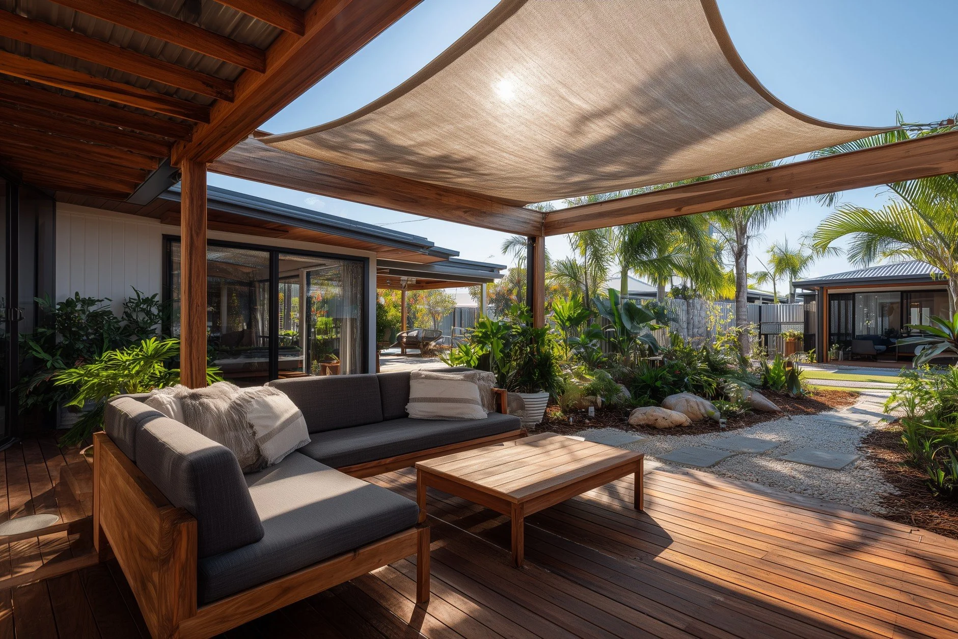 Outdoor patio with wooden flooring, a seating area with a gray cushioned sofa and pillows, surrounded by lush green plants, with a canopy providing shade and a view of neighboring houses and trees.