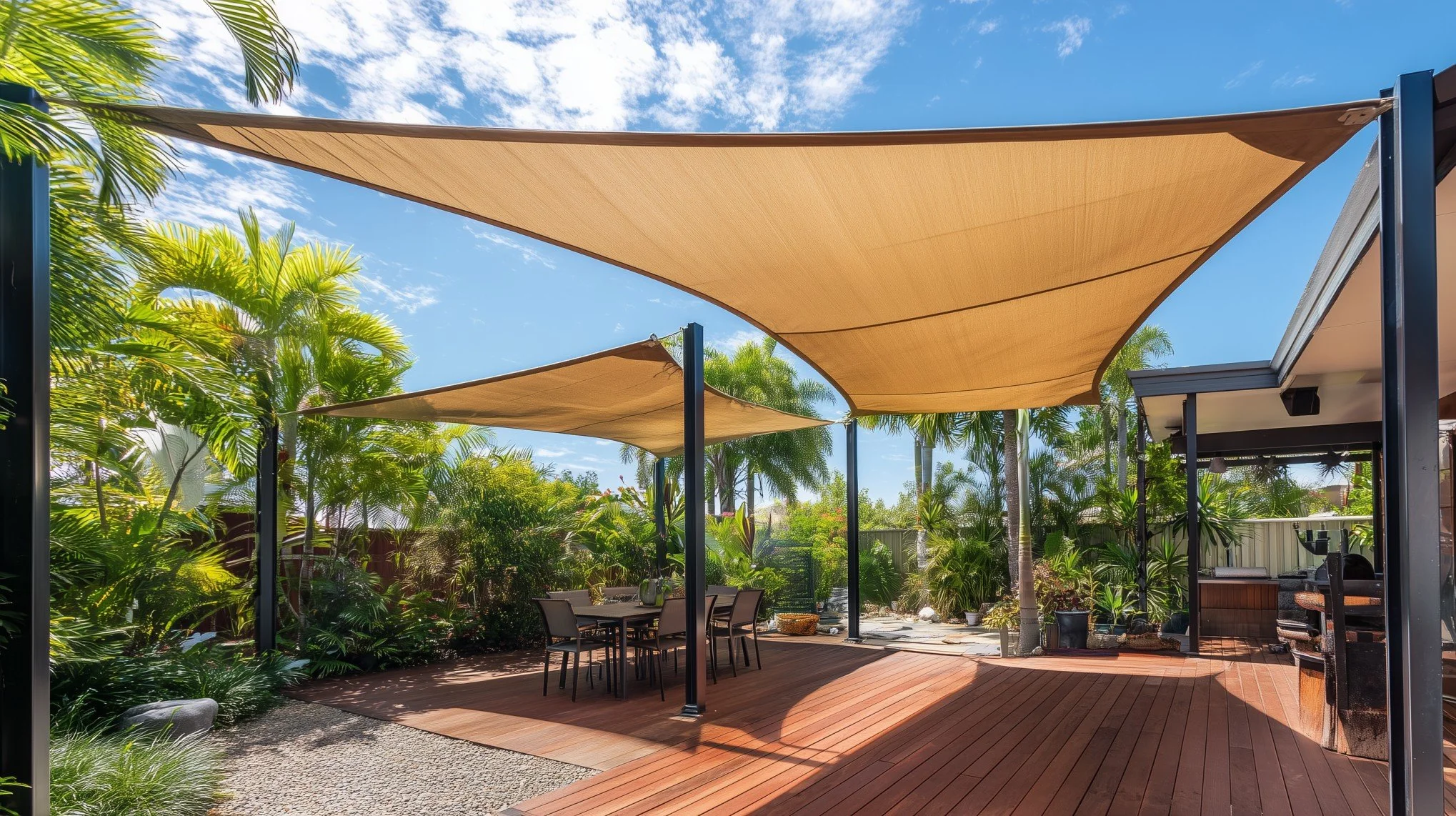 Outdoor patio with shade sails, surrounded by lush greenery, with a dining table and chairs on a wooden deck under a clear blue sky.