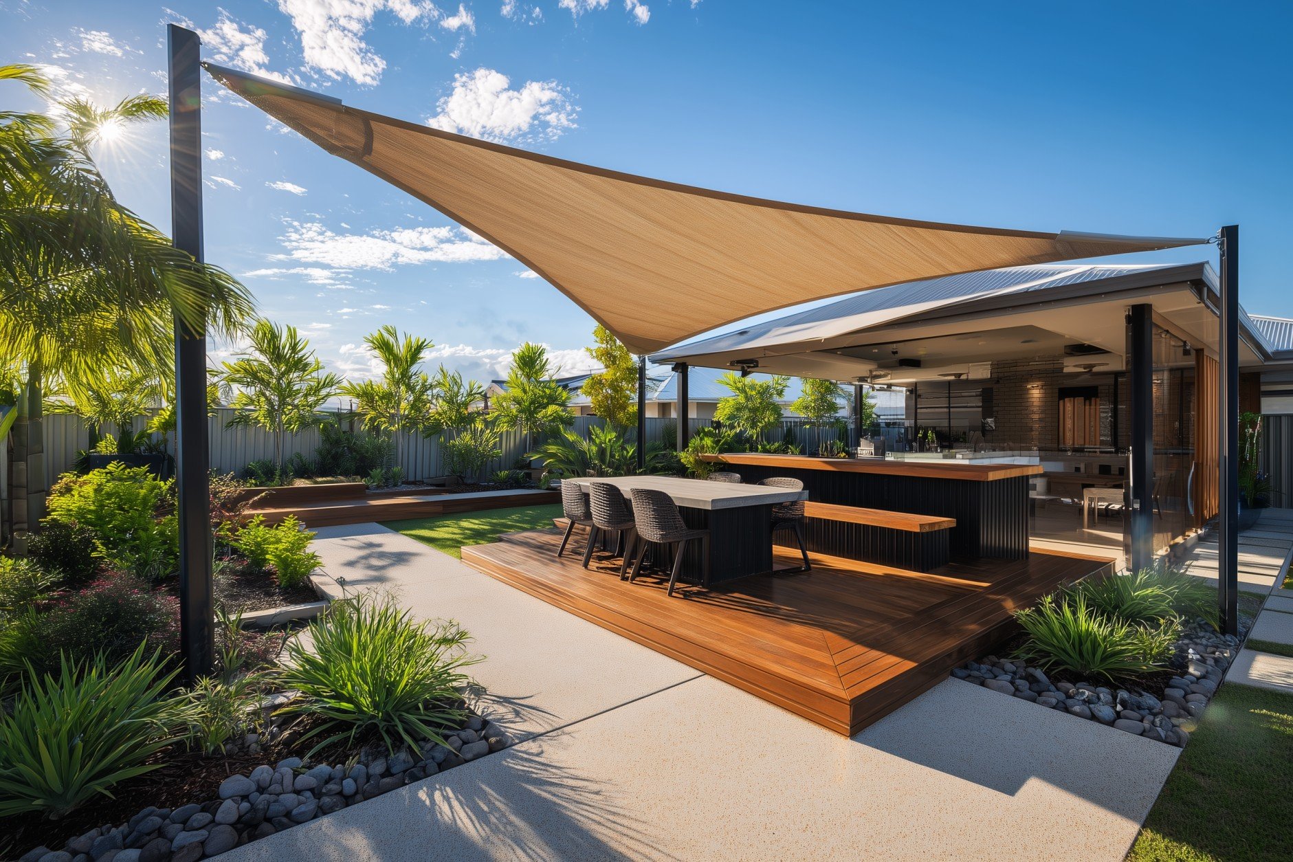 Modern backyard patio with large beige shade sail, outdoor dining table with six black chairs, and lush tropical plants along a fence under a bright blue sky.