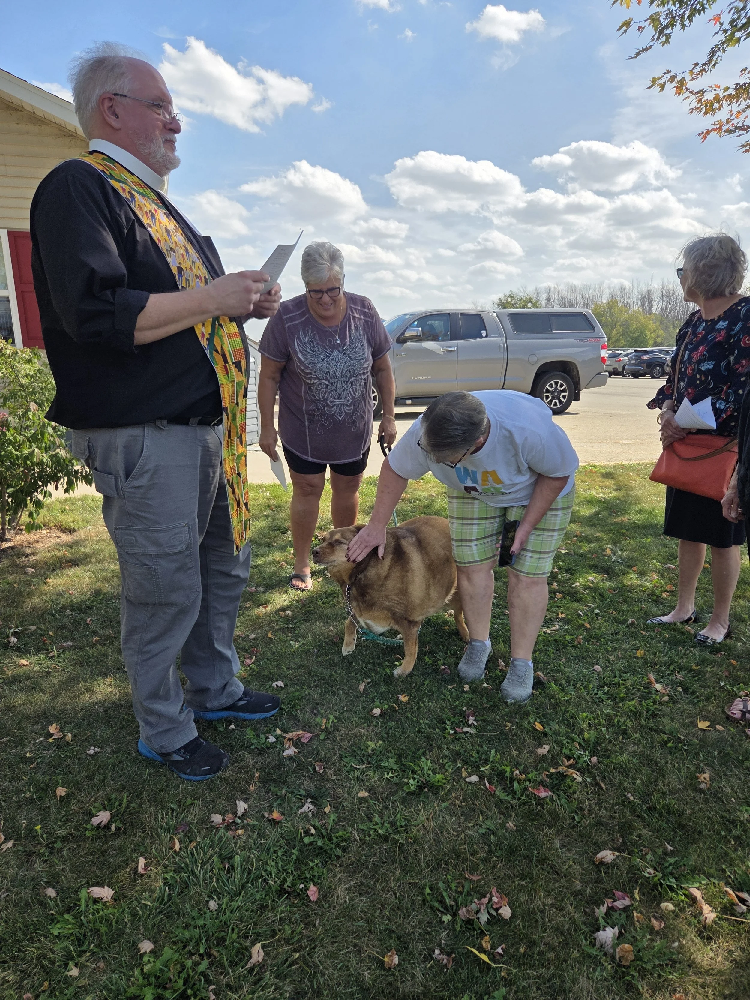 A group of five people and a dog gathered outdoors on a grassy area near a building, with some people petting or holding the dog. The sky is mostly sunny with a few clouds, and cars are parked in the background.